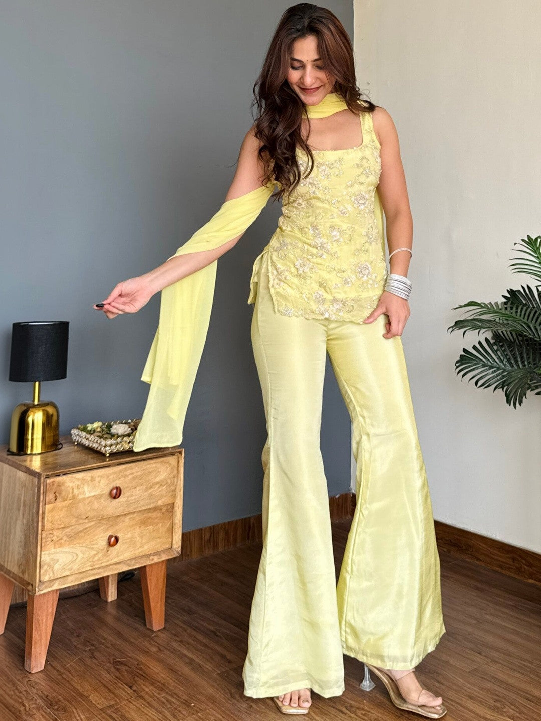 Pastel Yellow Embroidered Party Wear Palazzo Set with Dupatta For Women
