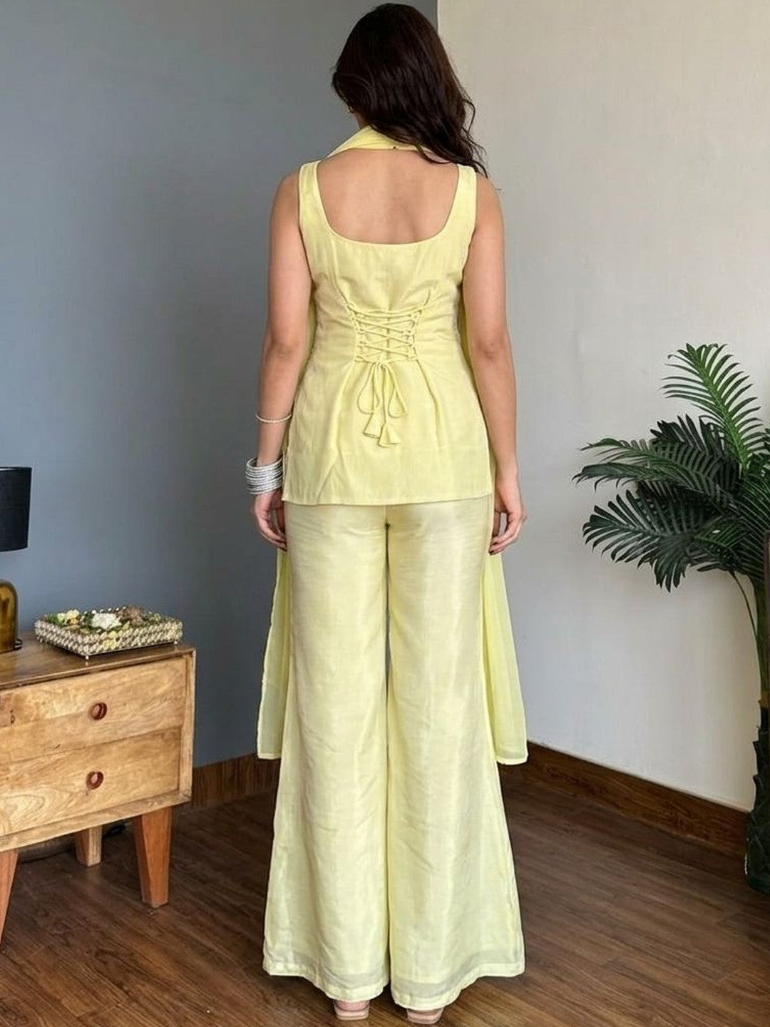 Pastel Yellow Embroidered Party Wear Palazzo Set with Dupatta For Women