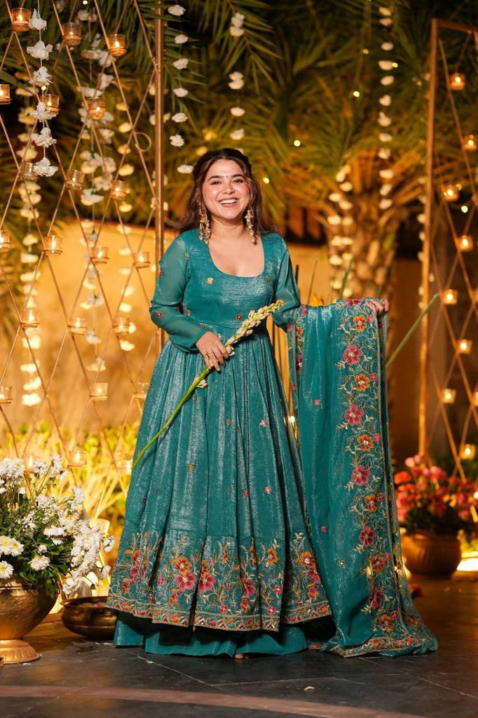 Teal Blue Floral Embroidered Anarkali Suit Set with Dupatta