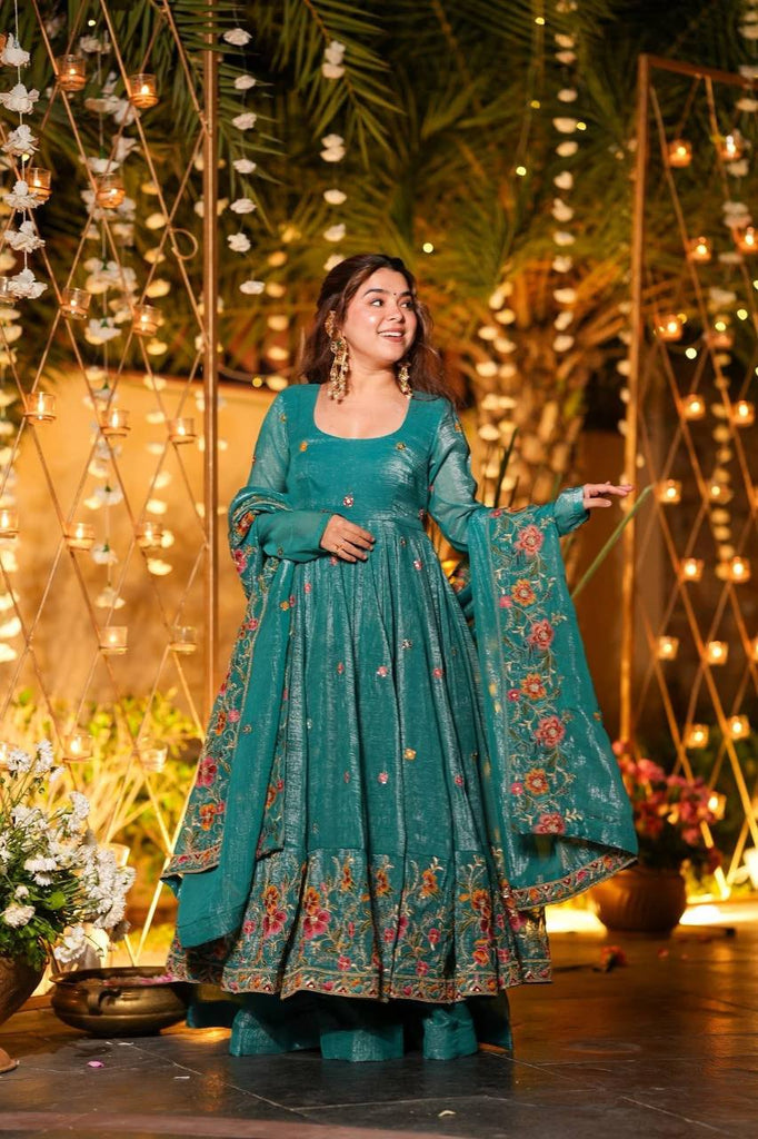 Teal Blue Floral Embroidered Anarkali Suit Set with Dupatta