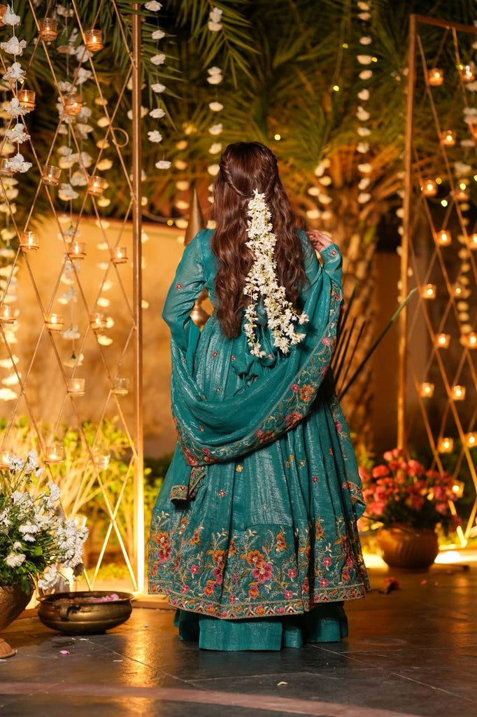 Teal Blue Floral Embroidered Anarkali Suit Set with Dupatta