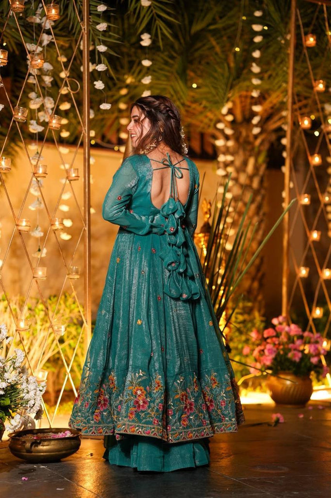 Teal Blue Floral Embroidered Anarkali Suit Set with Dupatta