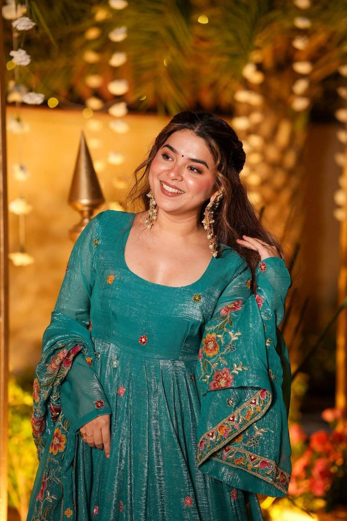 Teal Blue Floral Embroidered Anarkali Suit Set with Dupatta