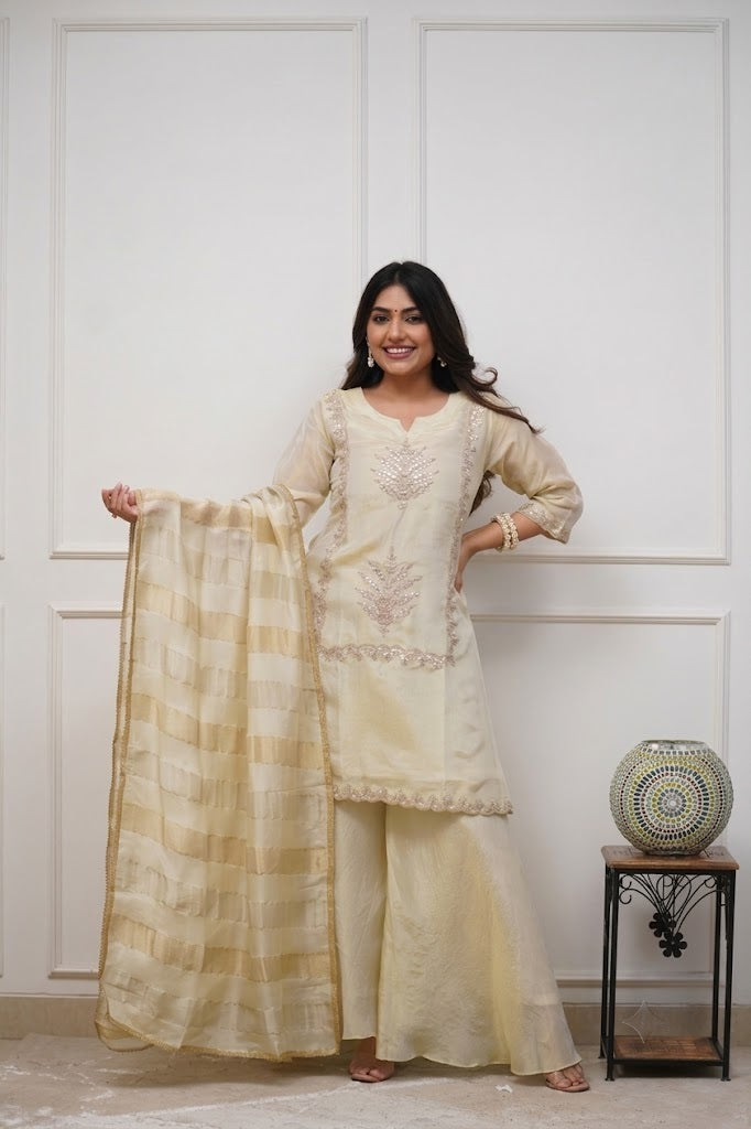 Women's Cream Ethnic Motif Embroidered Kurta Sharara Set with Dupatta
