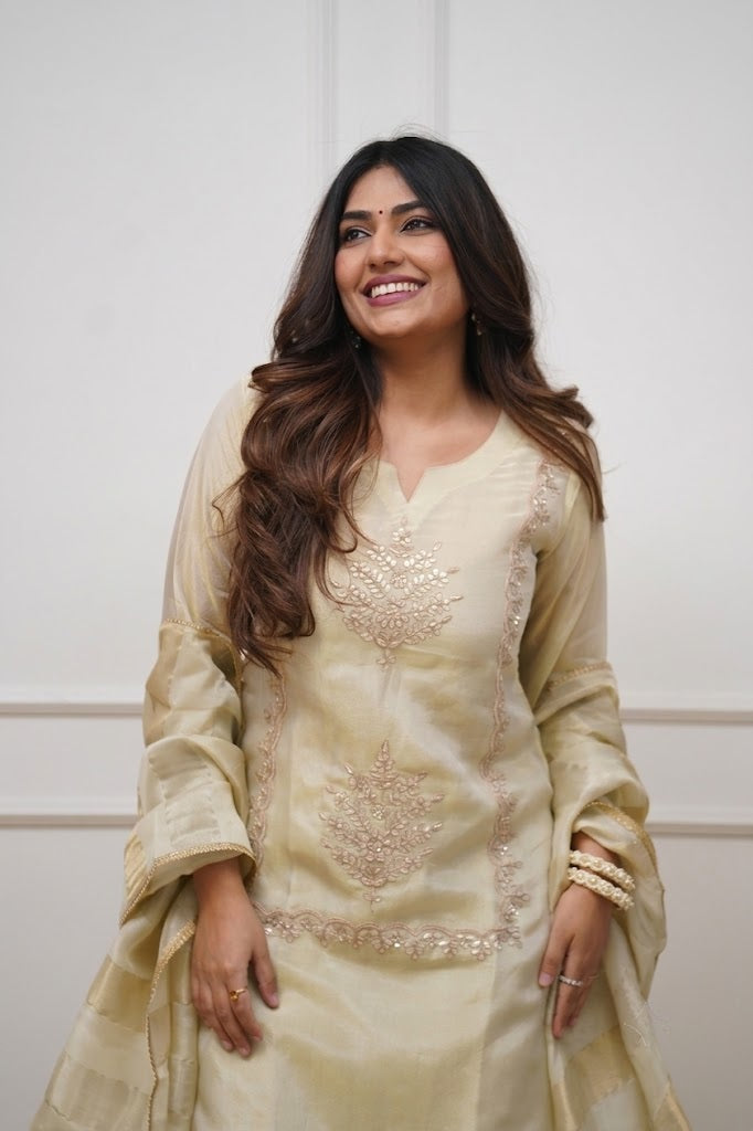 Women's Cream Ethnic Motif Embroidered Kurta Sharara Set with Dupatta