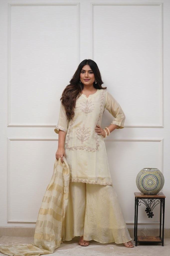 Women's Cream Ethnic Motif Embroidered Kurta Sharara Set with Dupatta