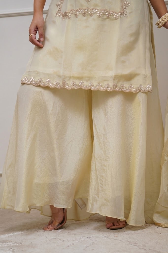 Women's Cream Ethnic Motif Embroidered Kurta Sharara Set with Dupatta