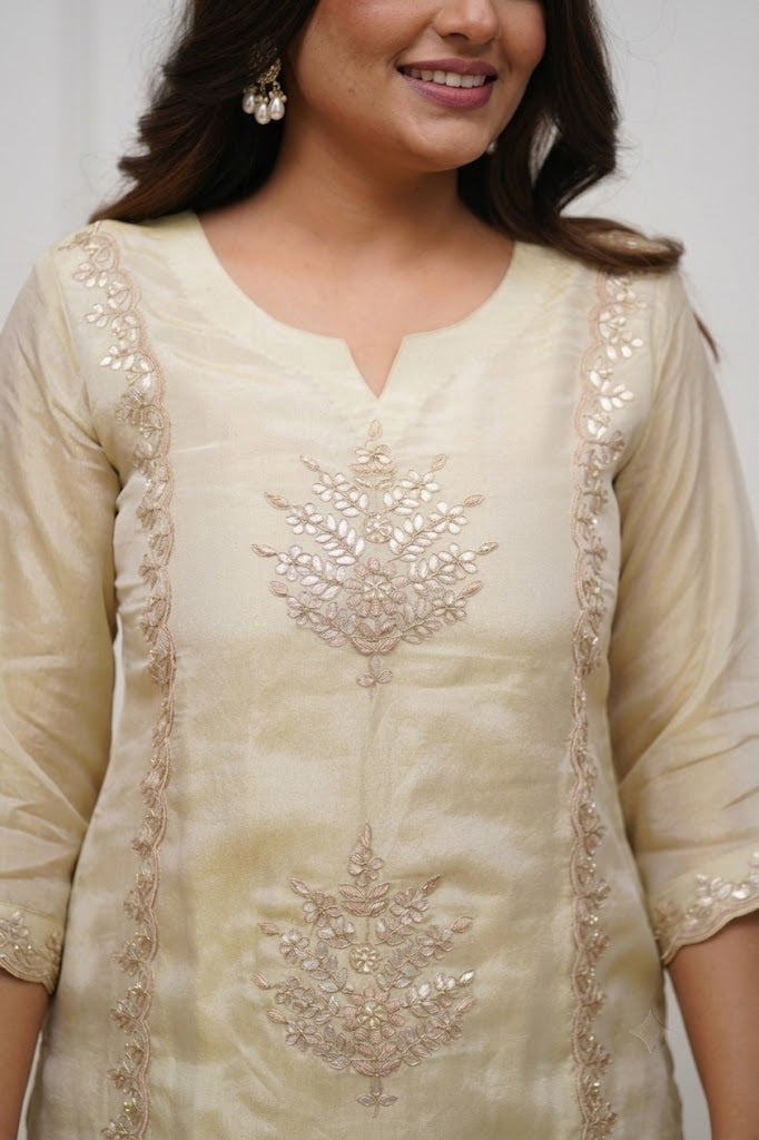 Women's Cream Ethnic Motif Embroidered Kurta Sharara Set with Dupatta