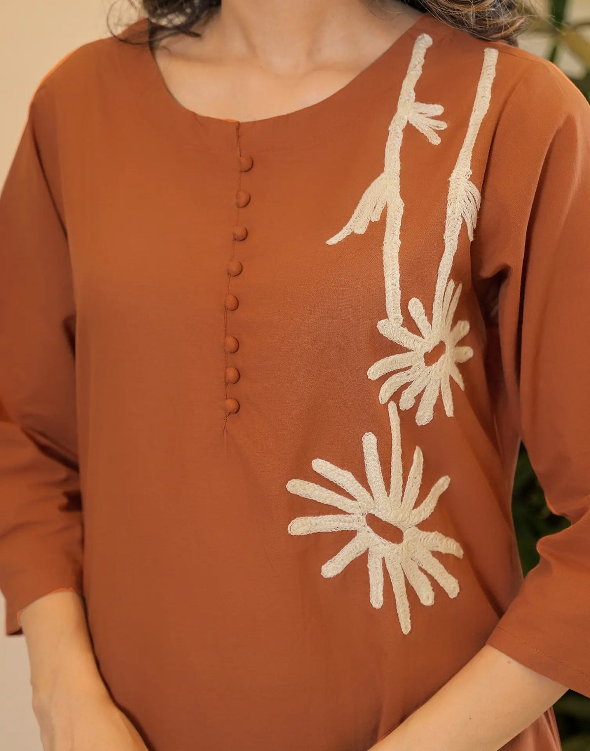 Women's Rust Floral Embroidered Kurta with Trousers & Dupatta
