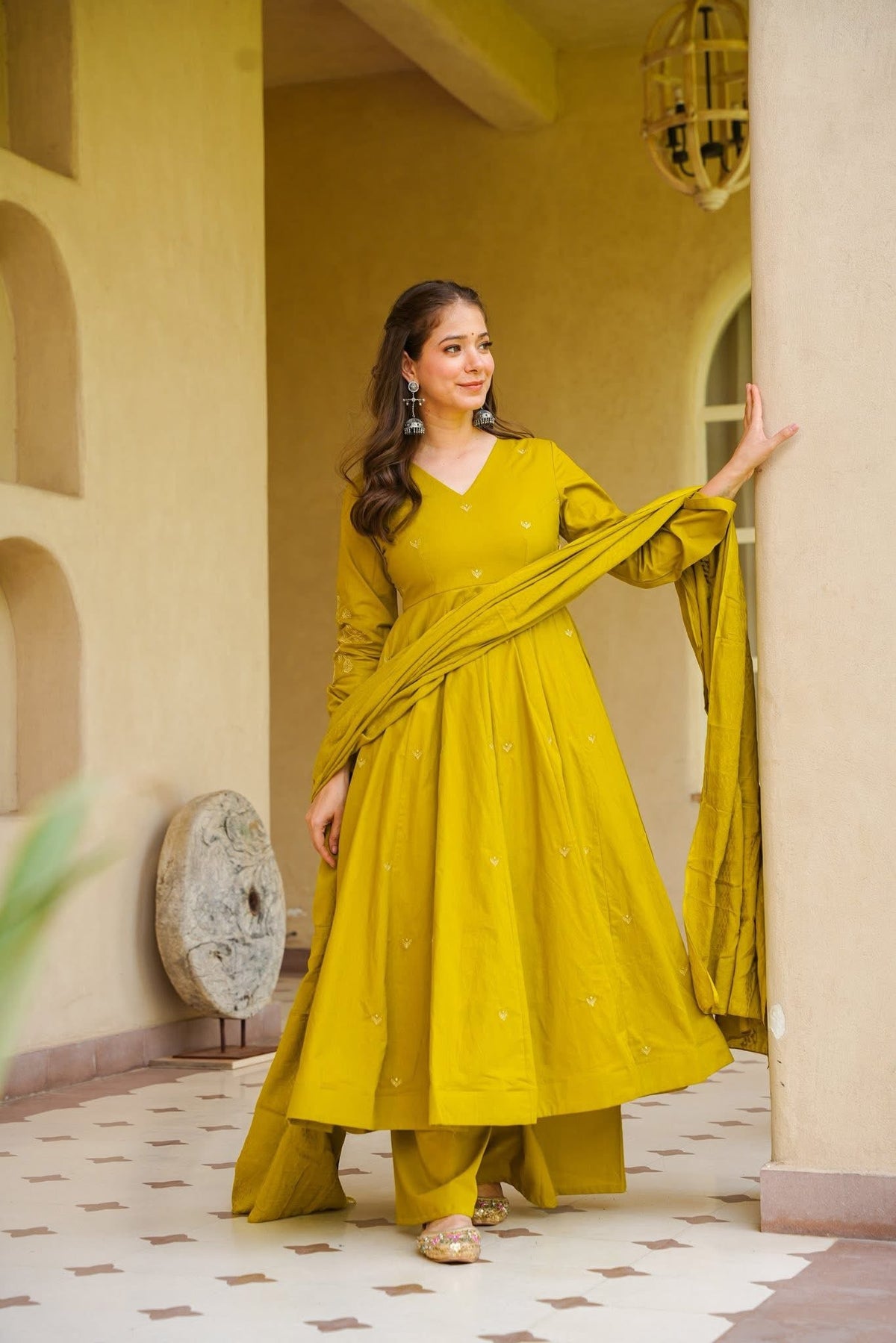 Women's Mustard Embroidered Silk Anarkali Kurta With Dupatta Set For Women