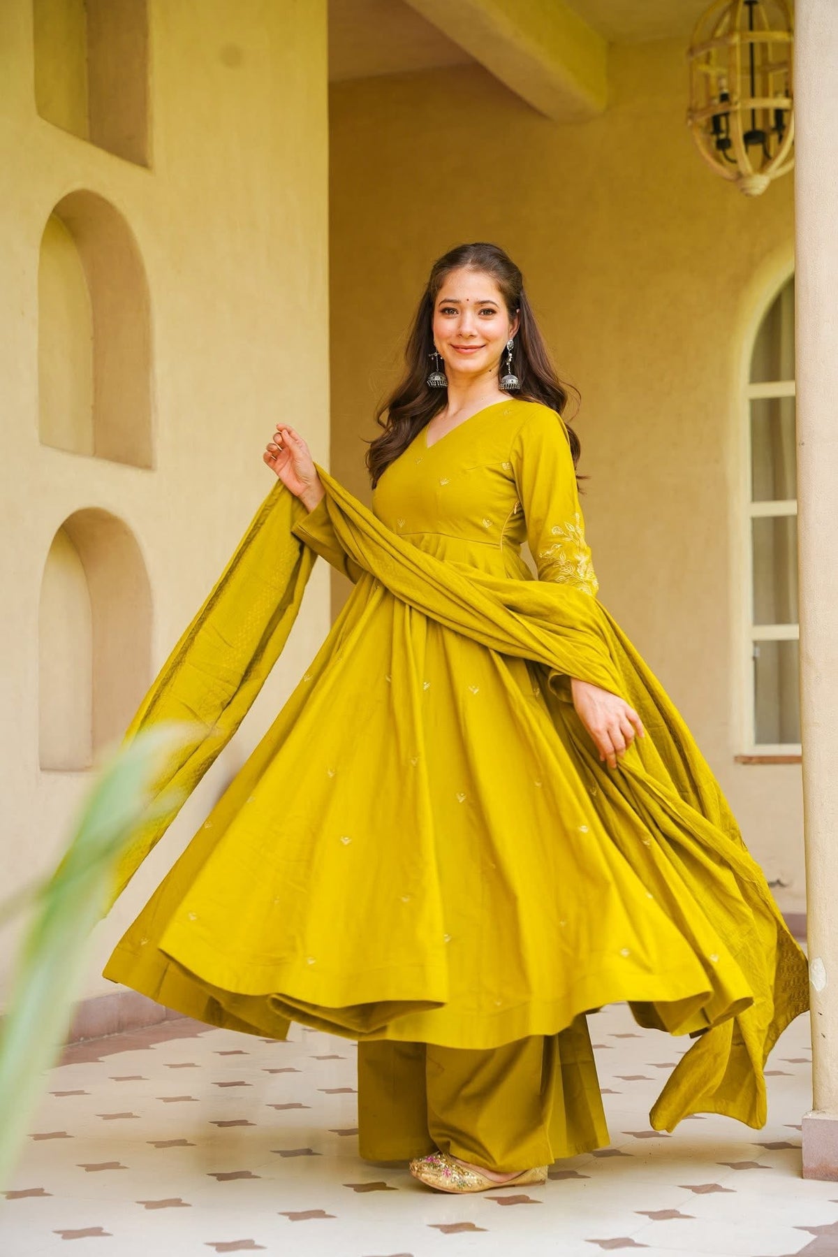 Women's Mustard Embroidered Silk Anarkali Kurta With Dupatta Set For Women