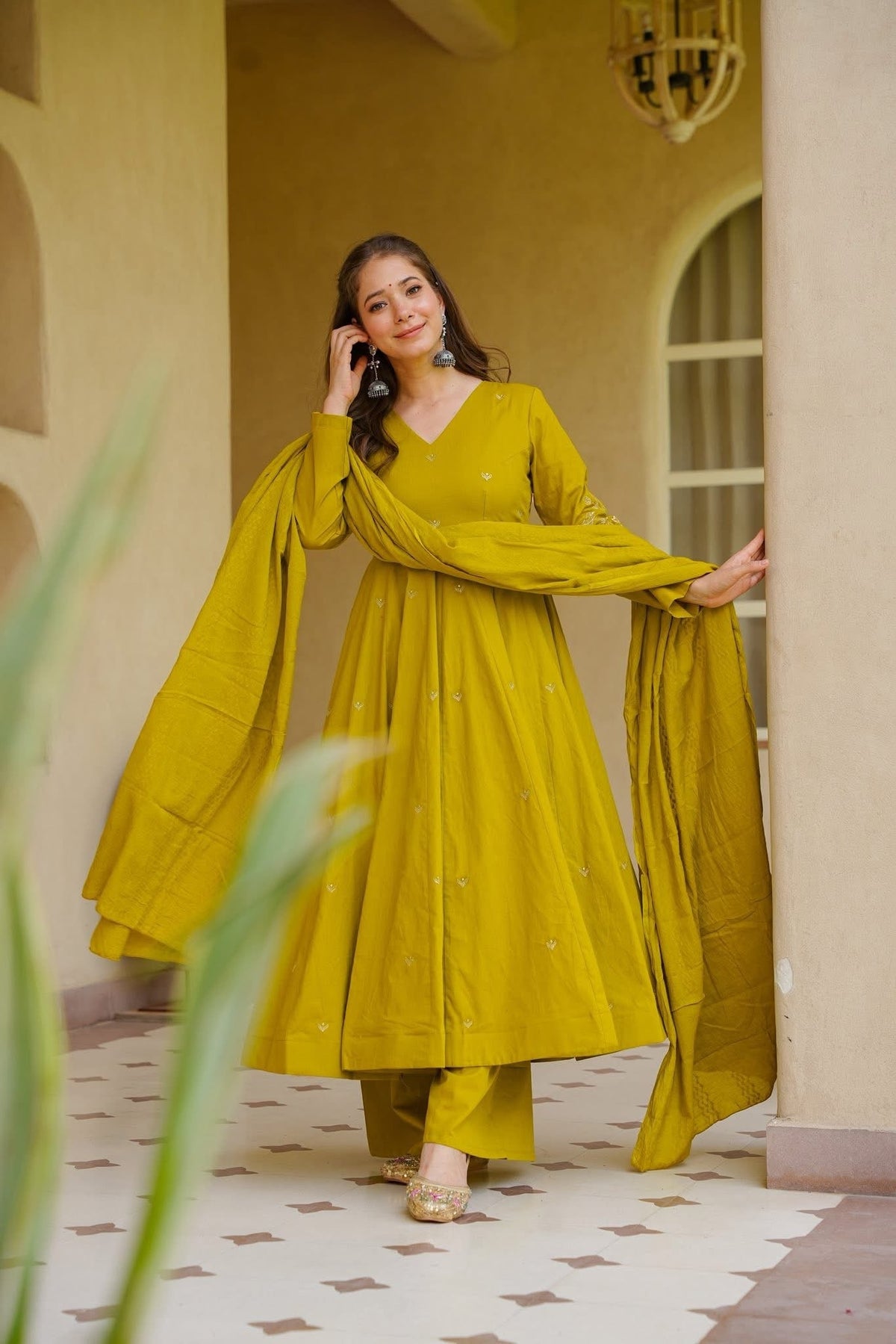Women's Mustard Embroidered Silk Anarkali Kurta With Dupatta Set For Women