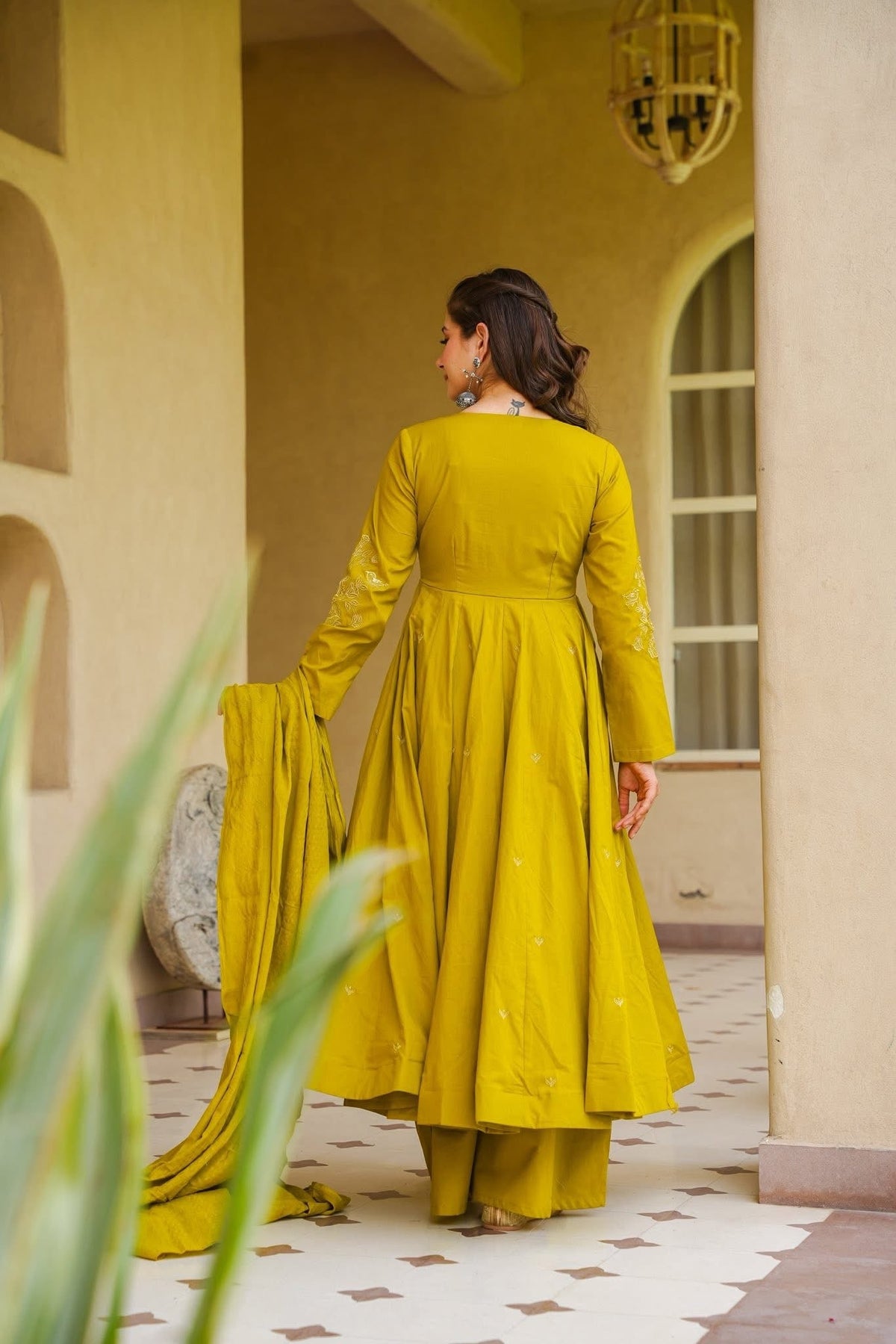 Women's Mustard Embroidered Silk Anarkali Kurta With Dupatta Set For Women