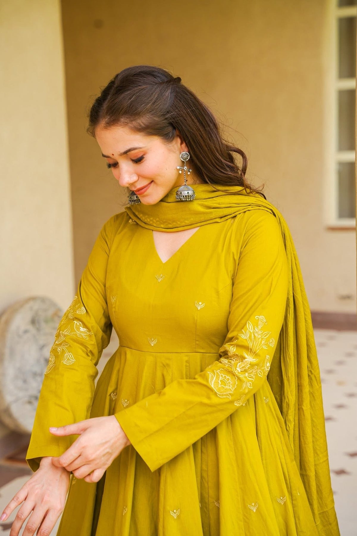 Women's Mustard Embroidered Silk Anarkali Kurta With Dupatta Set For Women