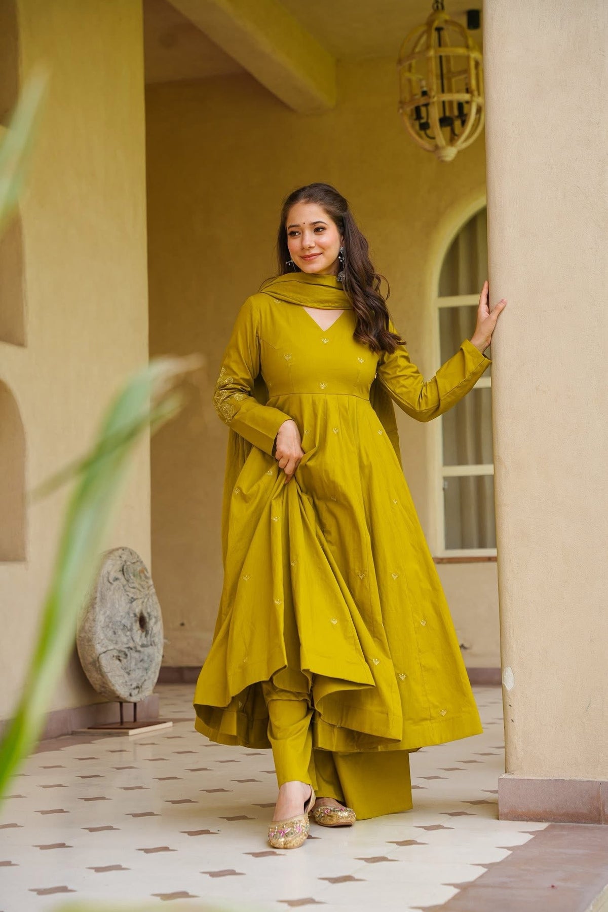 Women's Mustard Embroidered Silk Anarkali Kurta With Dupatta Set For Women