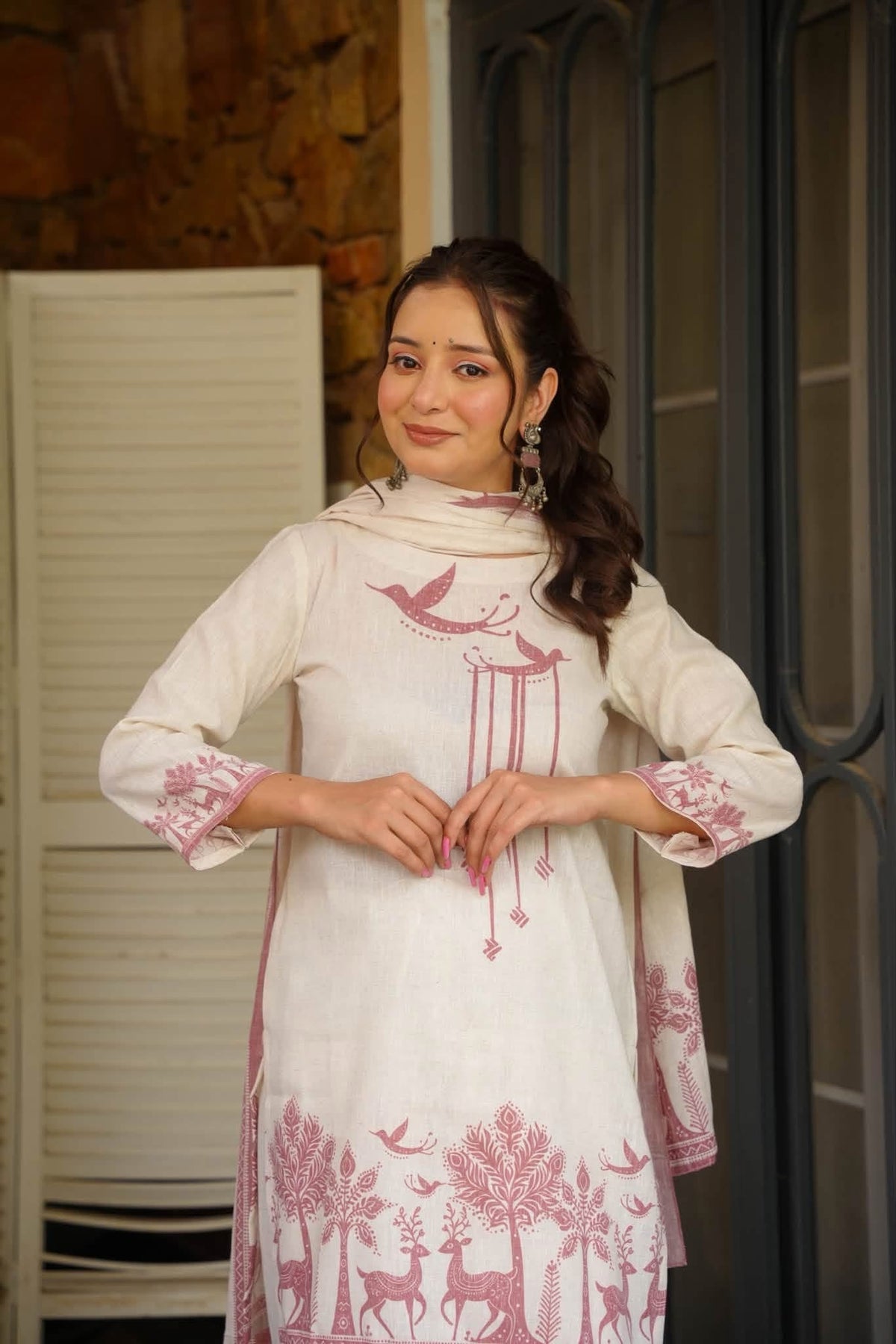 Off White Printed Farshi Salwar Suit Set with Dupatta