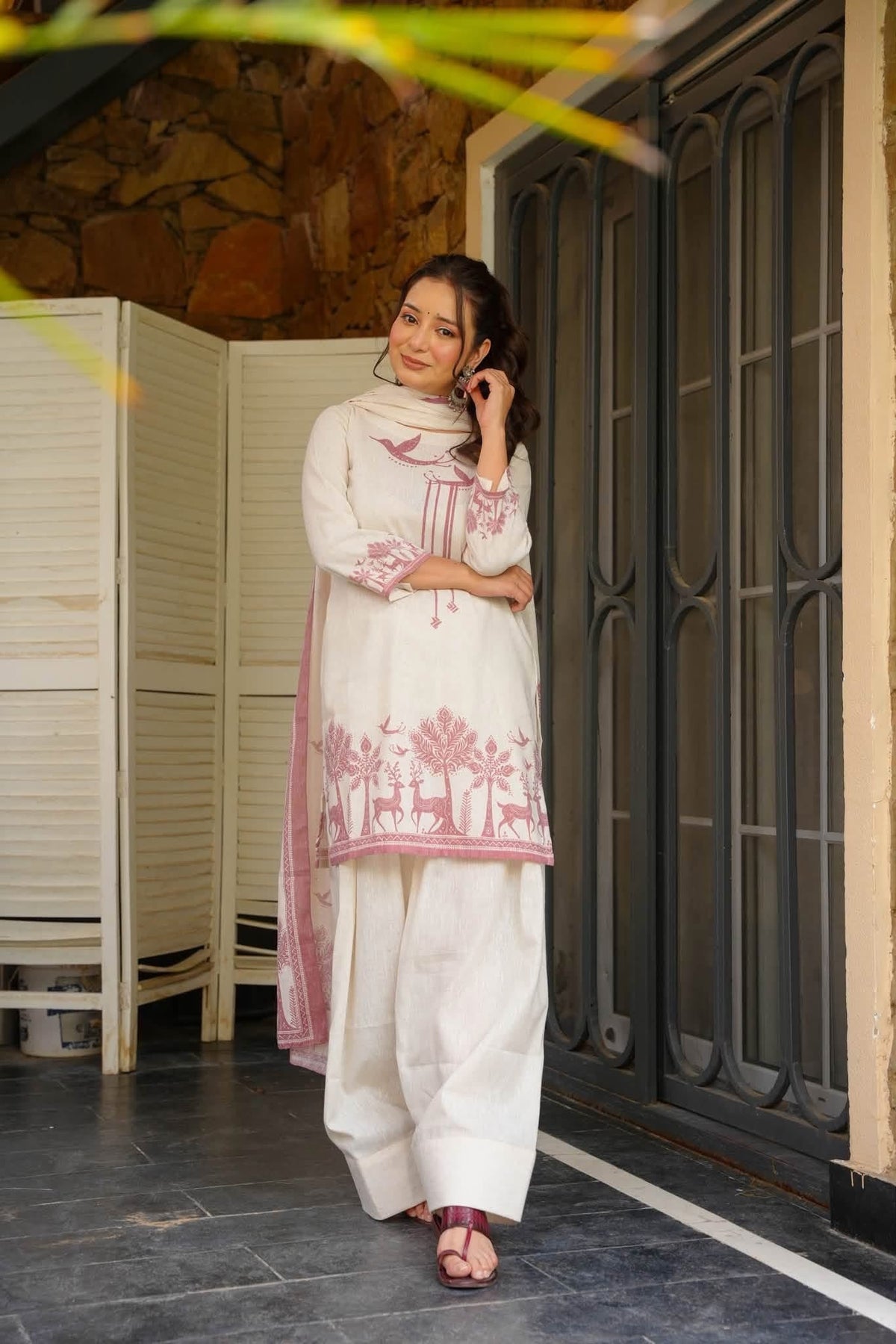 Off White Printed Farshi Salwar Suit Set with Dupatta