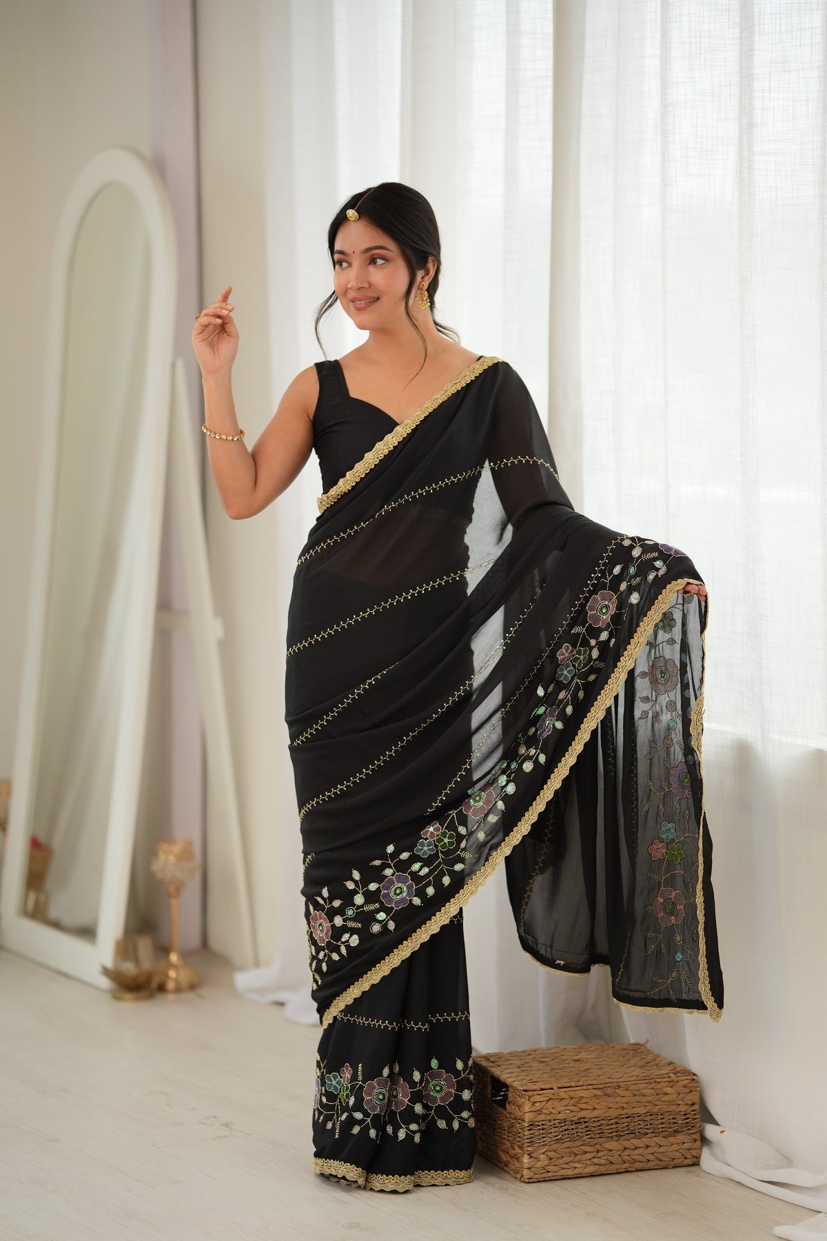 Black Chiffon Designer Saree with Beads Work & Unstitched Blouse