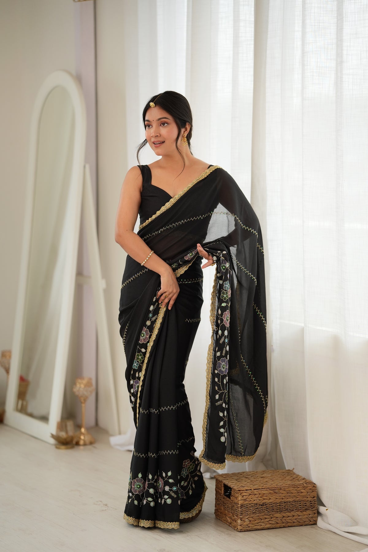 Black Chiffon Designer Saree with Beads Work & Unstitched Blouse