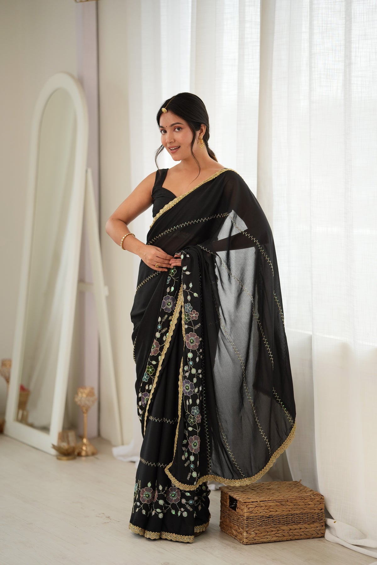 Black Chiffon Designer Saree with Beads Work & Unstitched Blouse