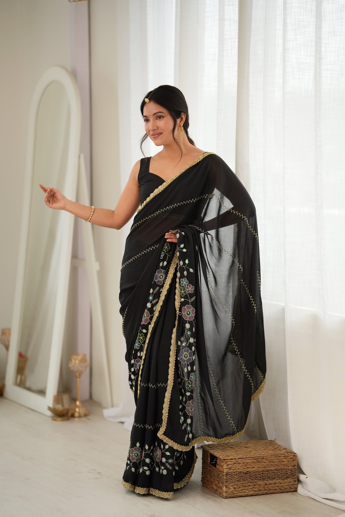 Black Chiffon Designer Saree with Beads Work & Unstitched Blouse