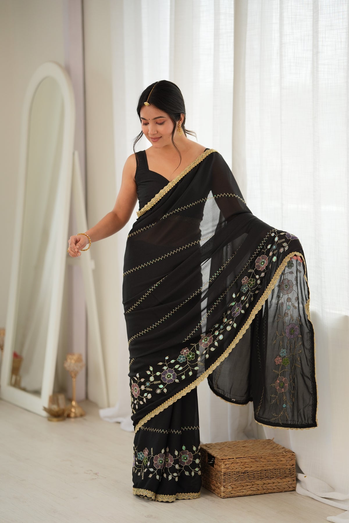 Black Chiffon Designer Saree with Beads Work & Unstitched Blouse