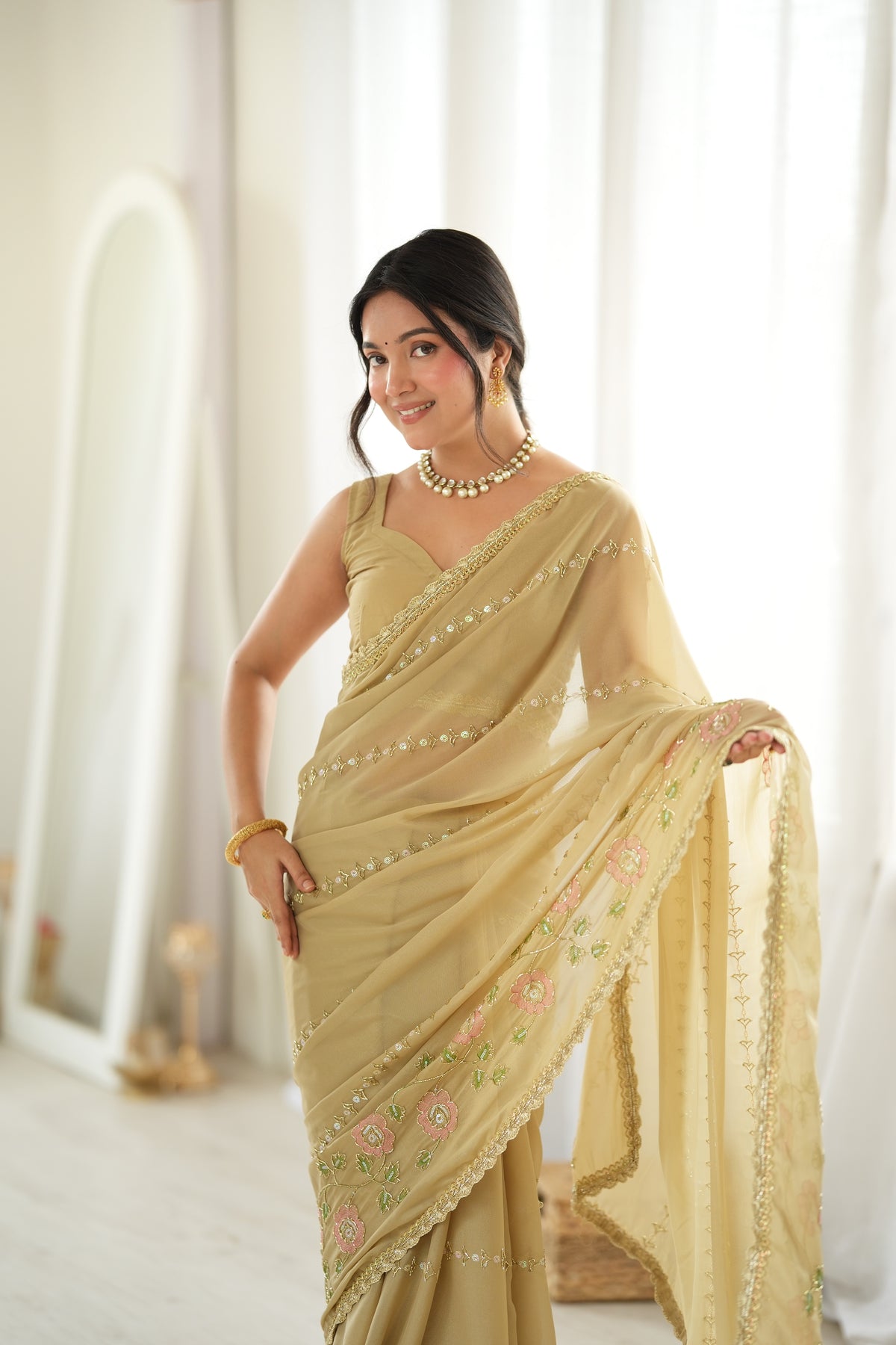 Chiku Chiffon Designer Saree with Beads Work & Unstitched Blouse
