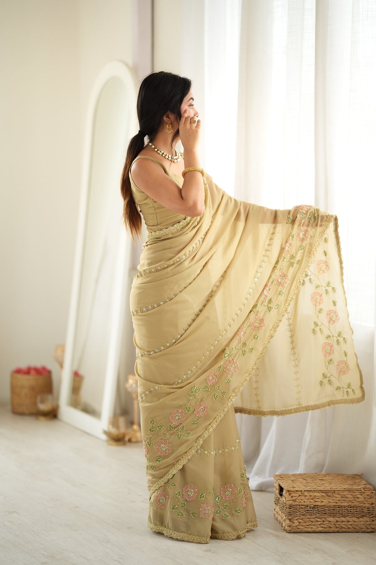 Chiku Chiffon Designer Saree with Beads Work & Unstitched Blouse