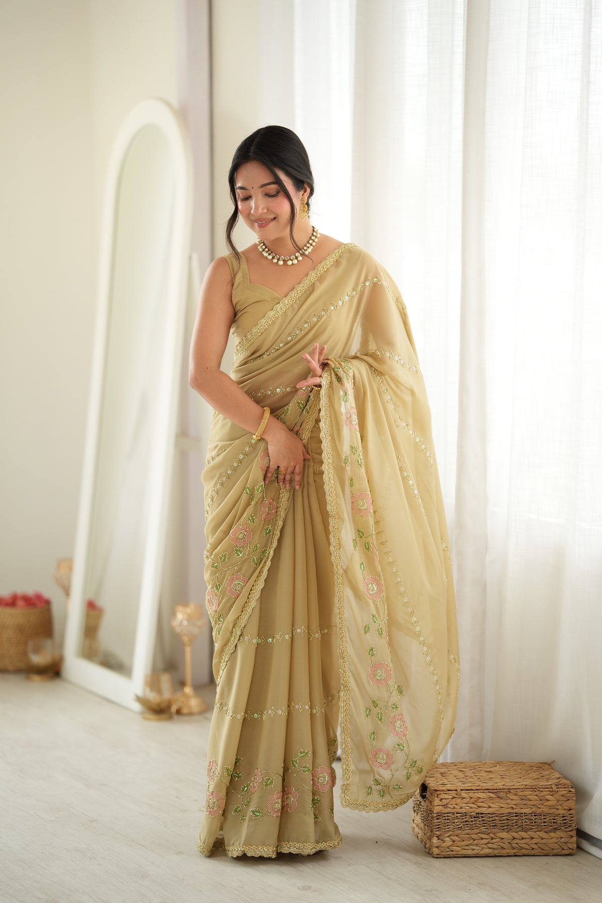 Chiku Chiffon Designer Saree with Beads Work & Unstitched Blouse