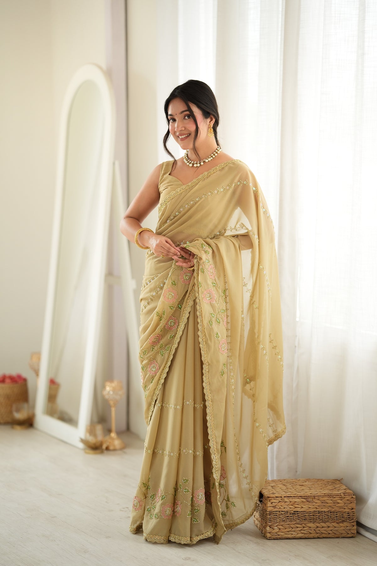 Chiku Chiffon Designer Saree with Beads Work & Unstitched Blouse