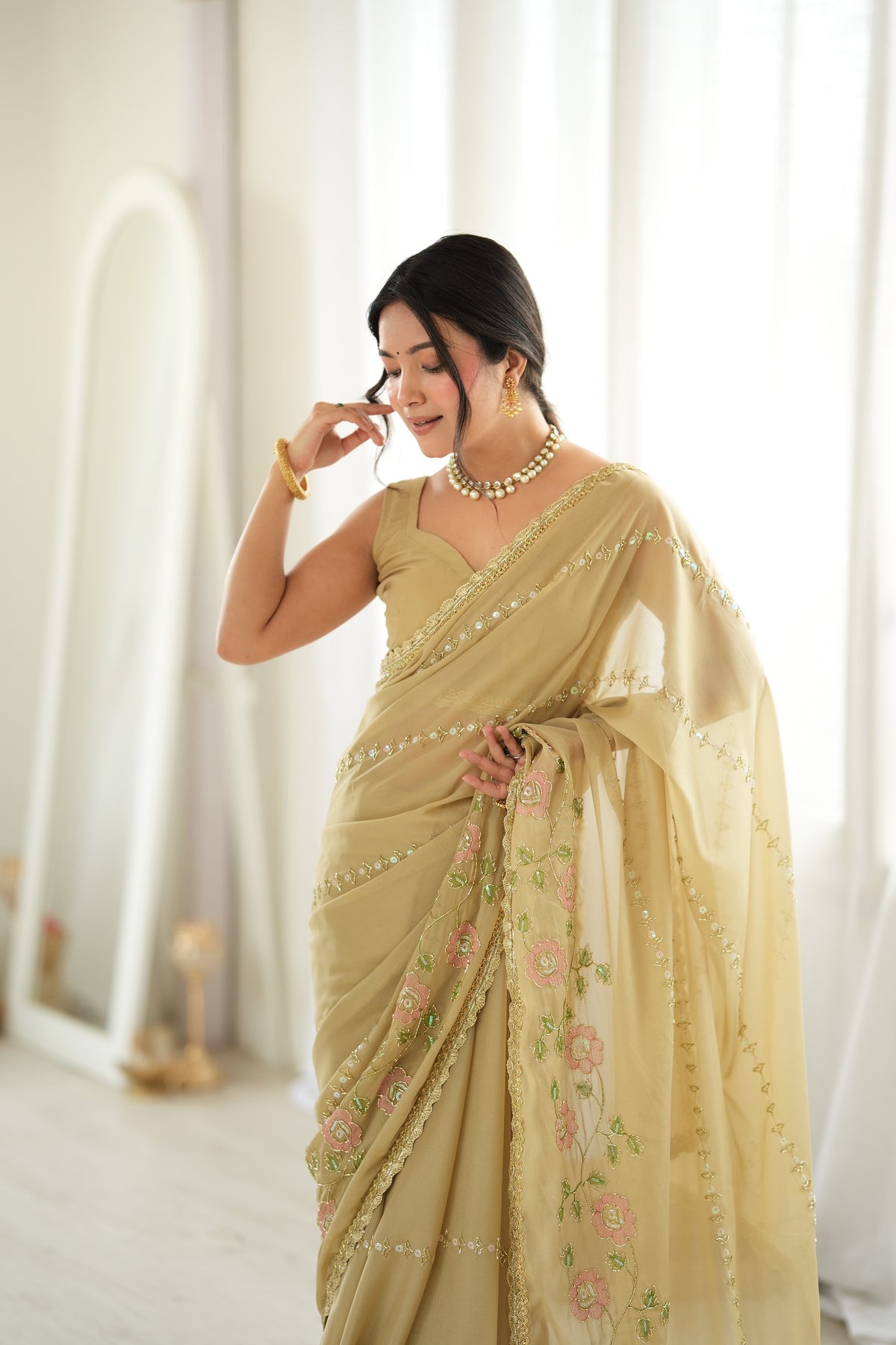 Chiku Chiffon Designer Saree with Beads Work & Unstitched Blouse