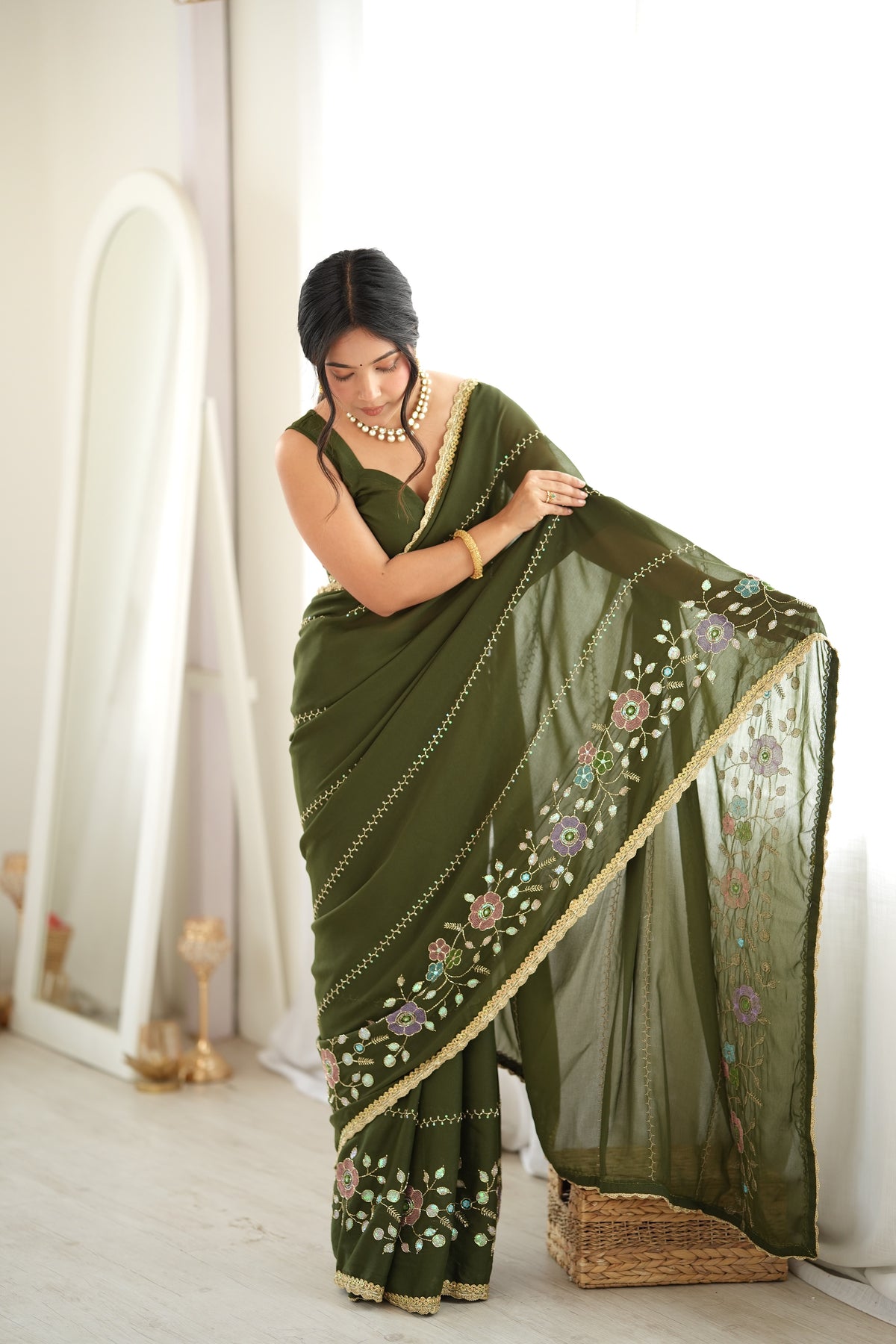 Green Chiffon Designer Saree with Beads Work & Unstitched Blouse
