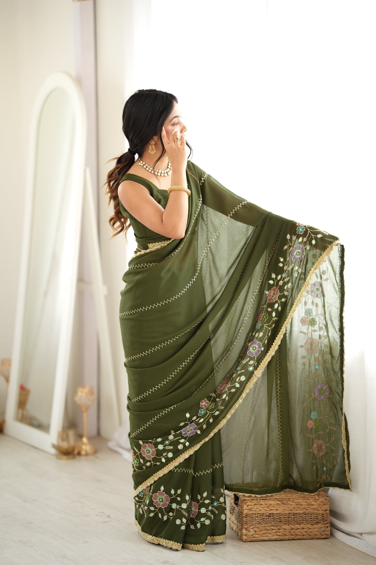 Green Chiffon Designer Saree with Beads Work & Unstitched Blouse