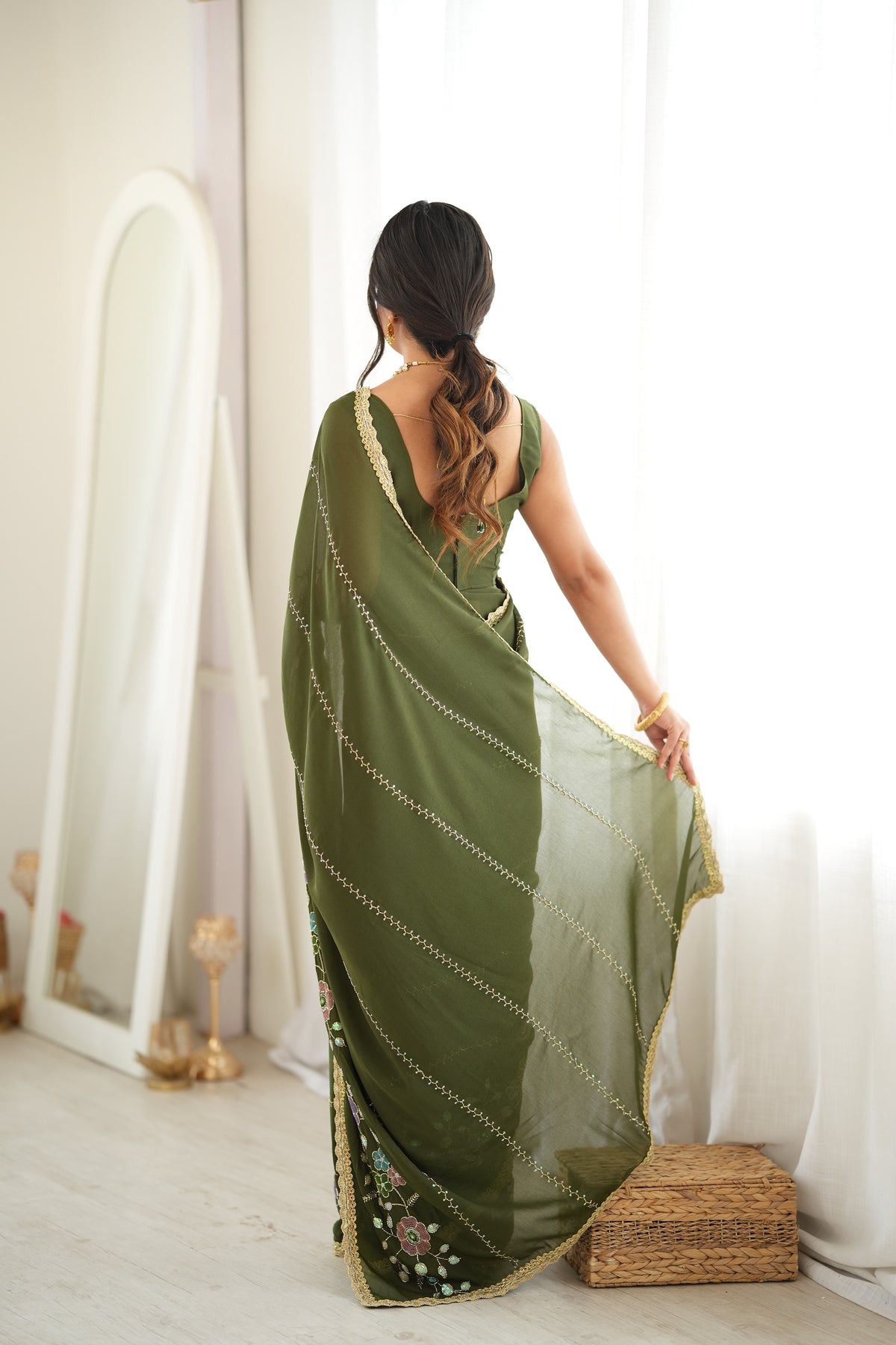 Green Chiffon Designer Saree with Beads Work & Unstitched Blouse