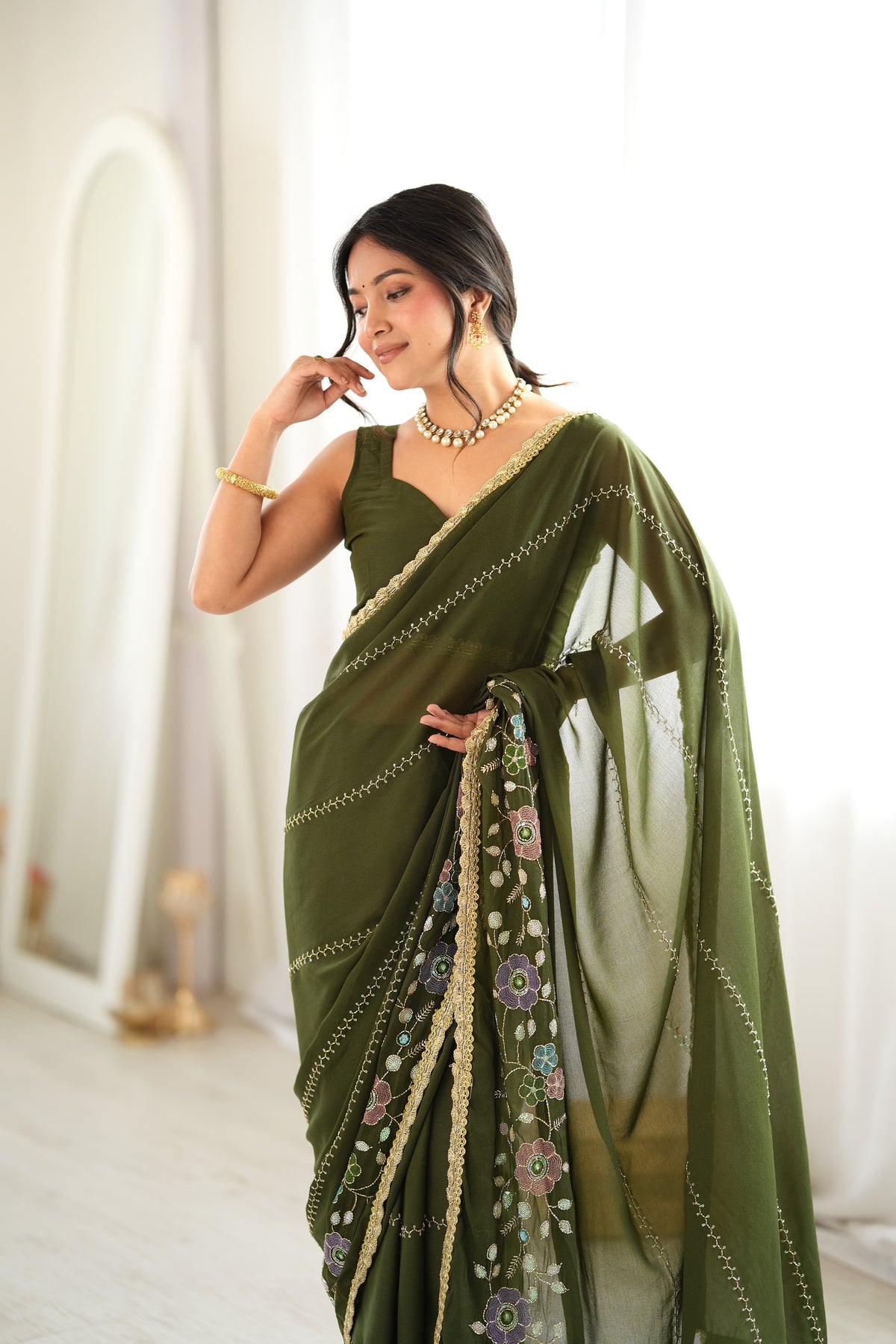 Green Chiffon Designer Saree with Beads Work & Unstitched Blouse