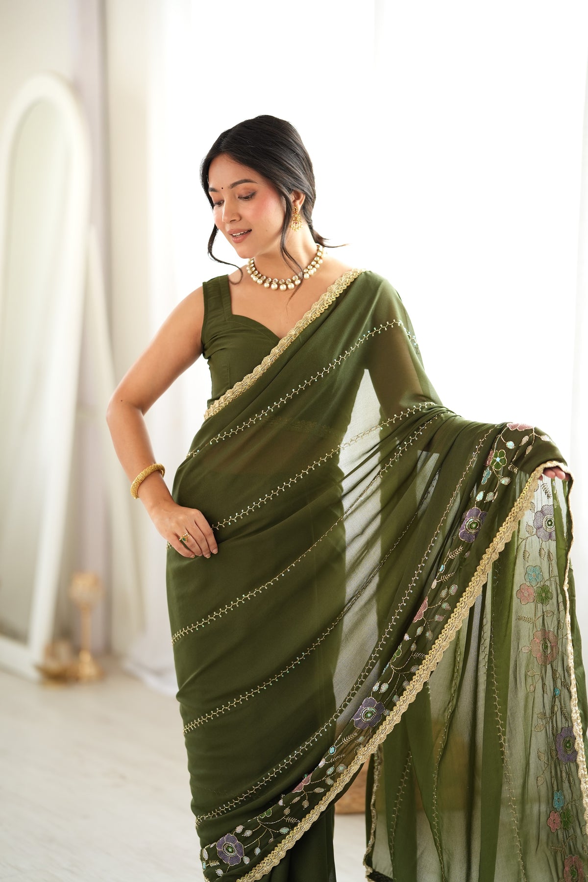 Green Chiffon Designer Saree with Beads Work & Unstitched Blouse