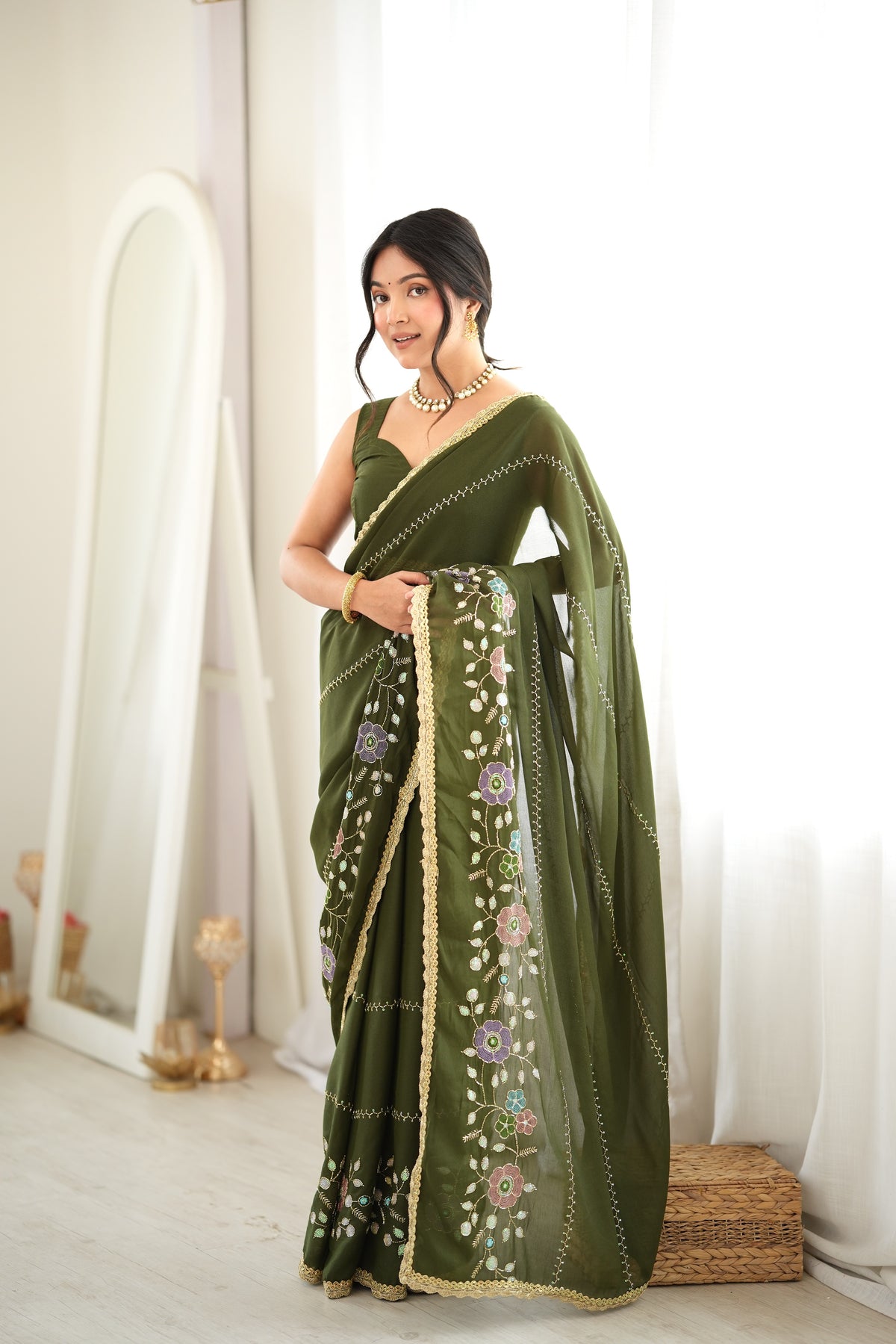 Green Chiffon Designer Saree with Beads Work & Unstitched Blouse