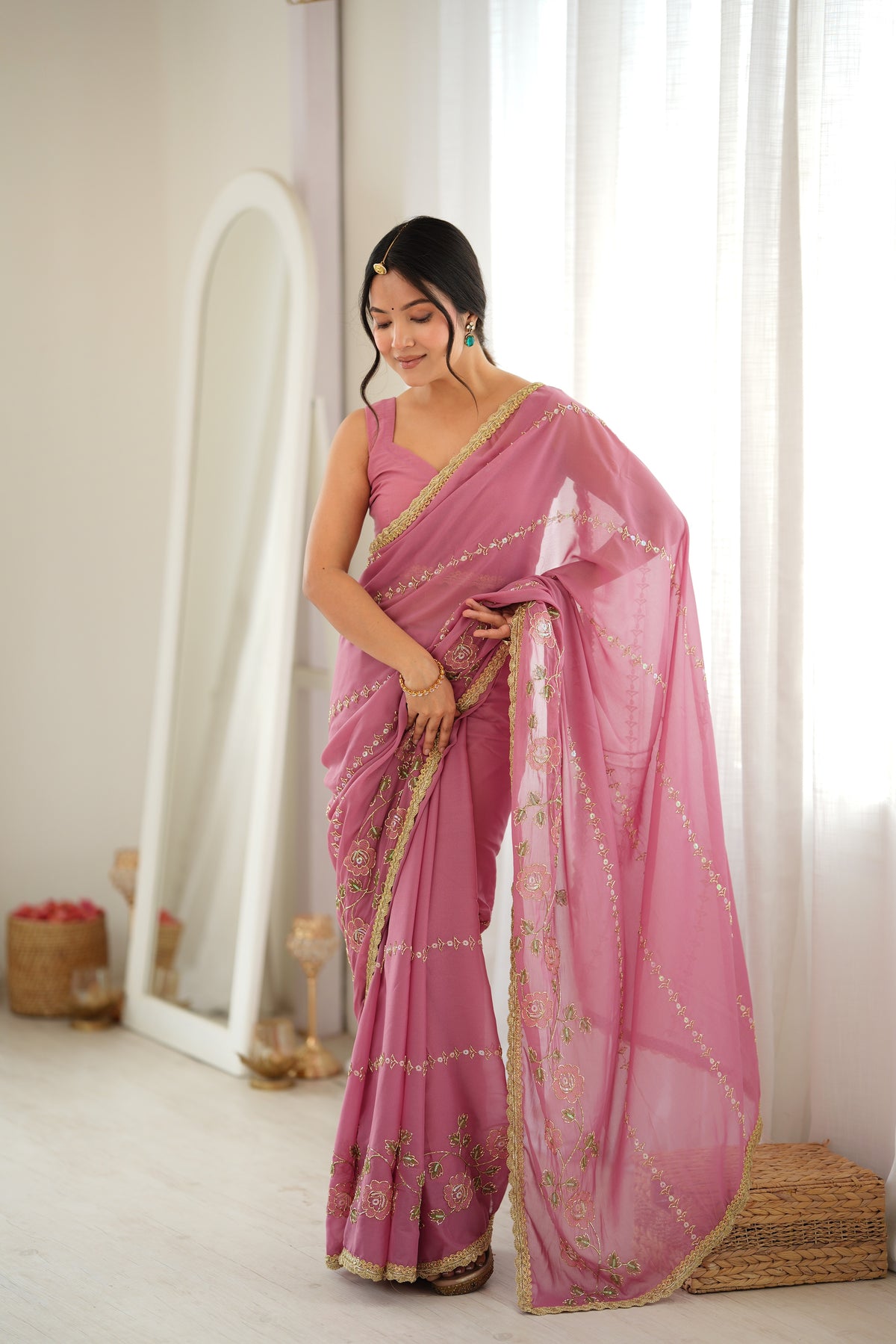 Onion Chiffon Designer Saree with Beads Work & Unstitched Blouse