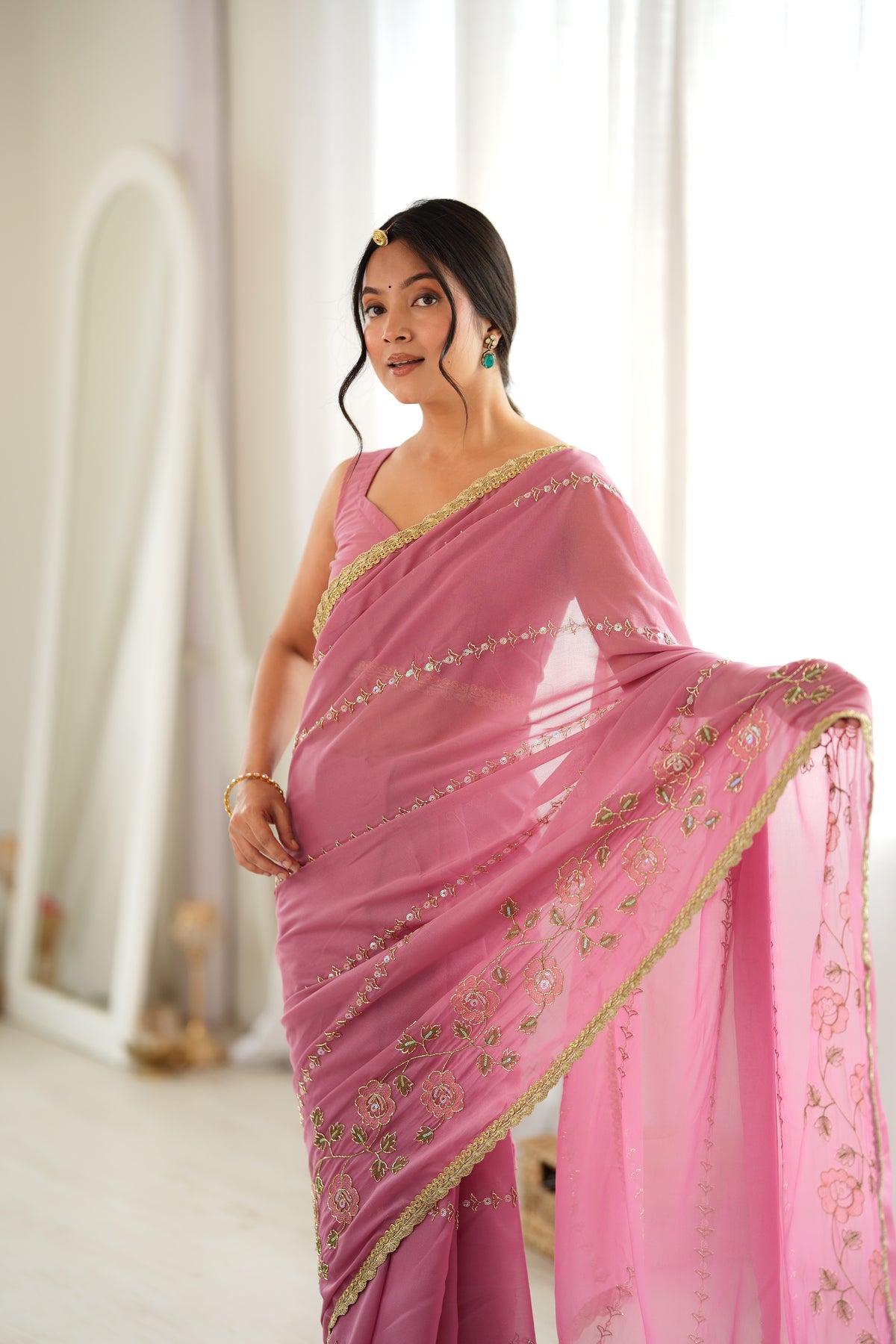 Onion Chiffon Designer Saree with Beads Work & Unstitched Blouse