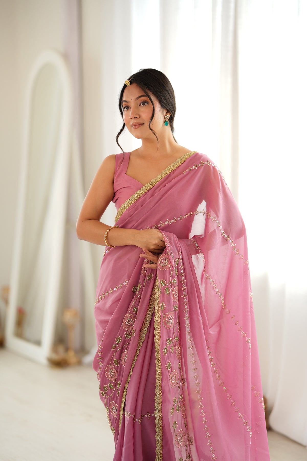 Onion Chiffon Designer Saree with Beads Work & Unstitched Blouse