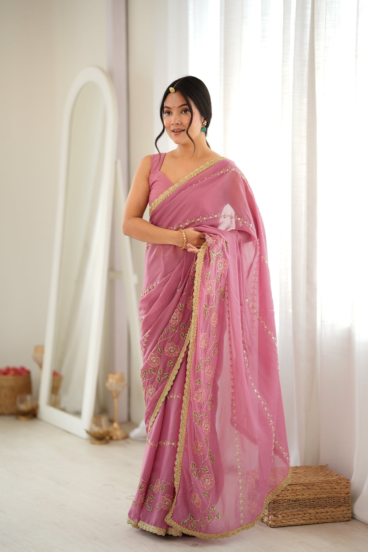 Onion Chiffon Designer Saree with Beads Work & Unstitched Blouse