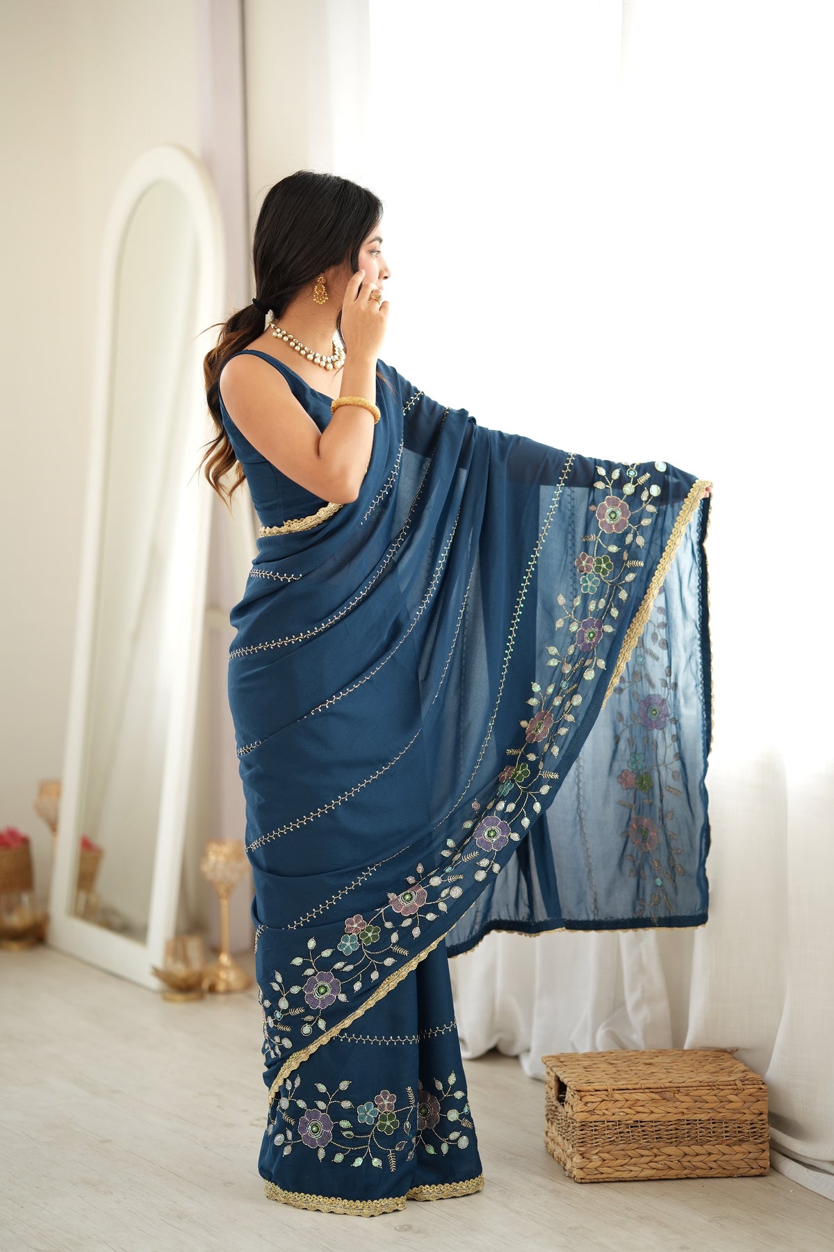 Rama Chiffon Designer Saree with Beads Work & Unstitched Blouse
