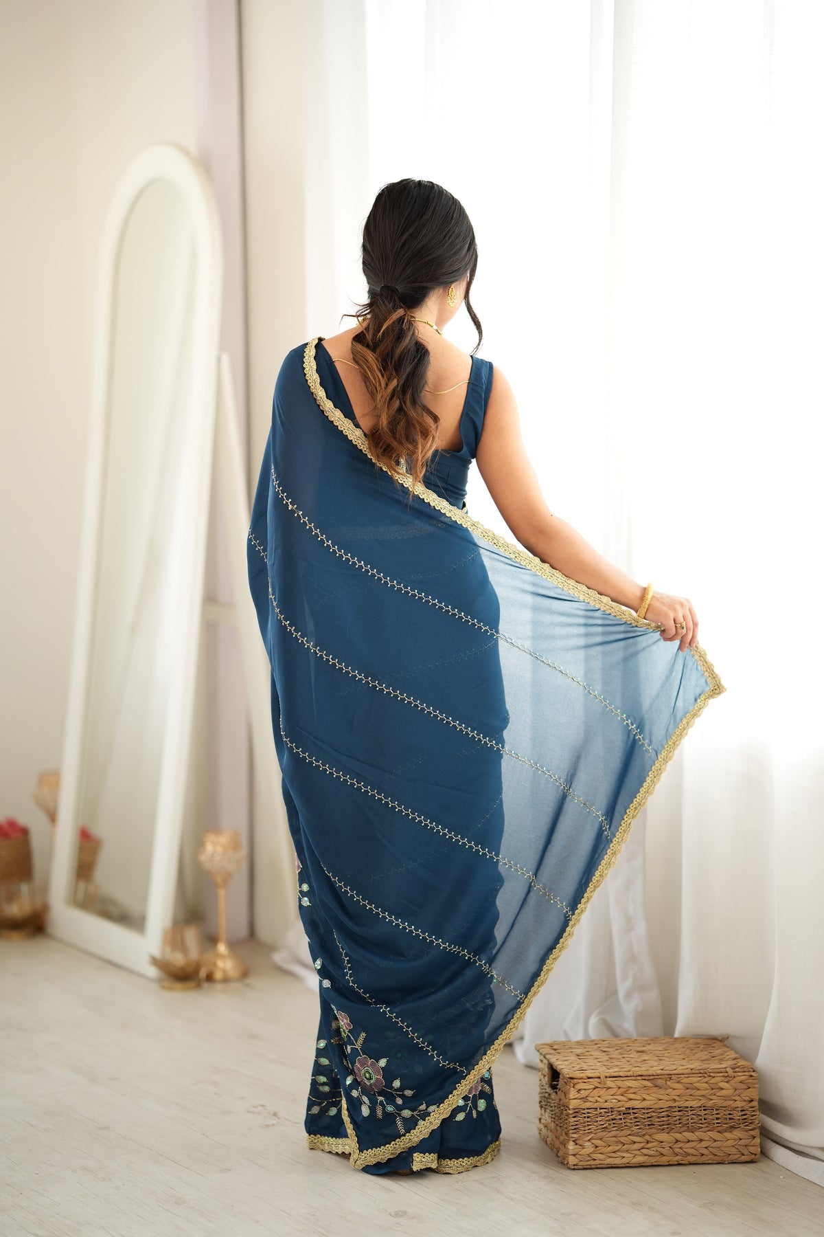 Rama Chiffon Designer Saree with Beads Work & Unstitched Blouse