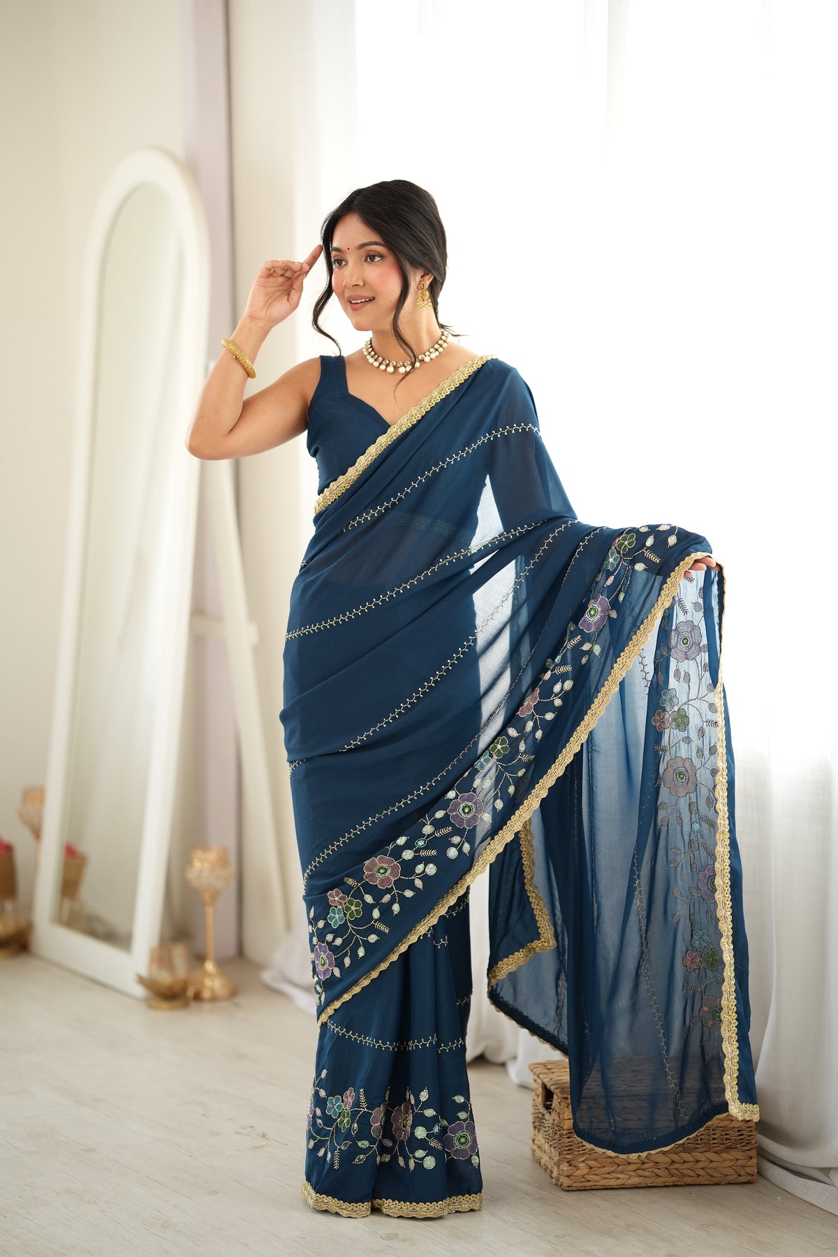 Rama Chiffon Designer Saree with Beads Work & Unstitched Blouse