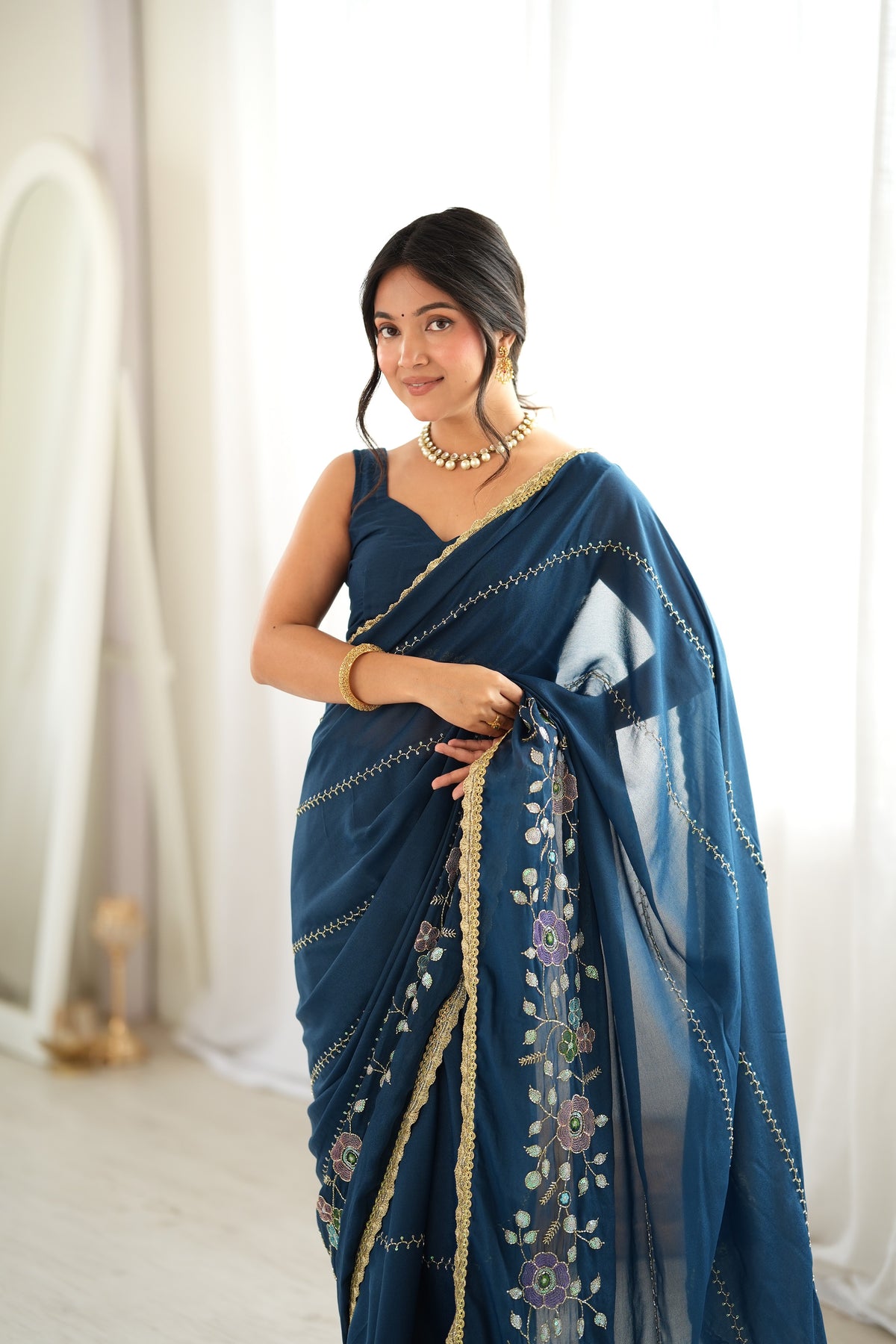 Rama Chiffon Designer Saree with Beads Work & Unstitched Blouse