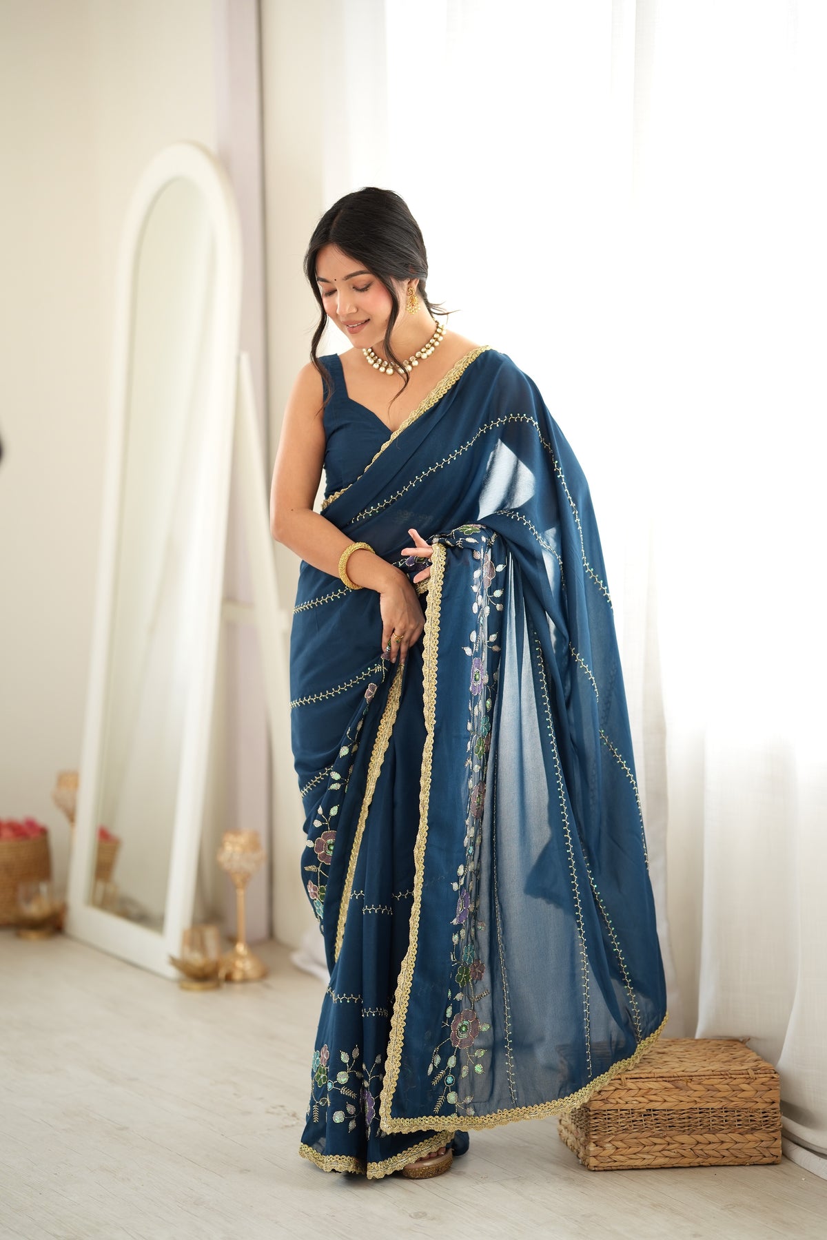 Rama Chiffon Designer Saree with Beads Work & Unstitched Blouse