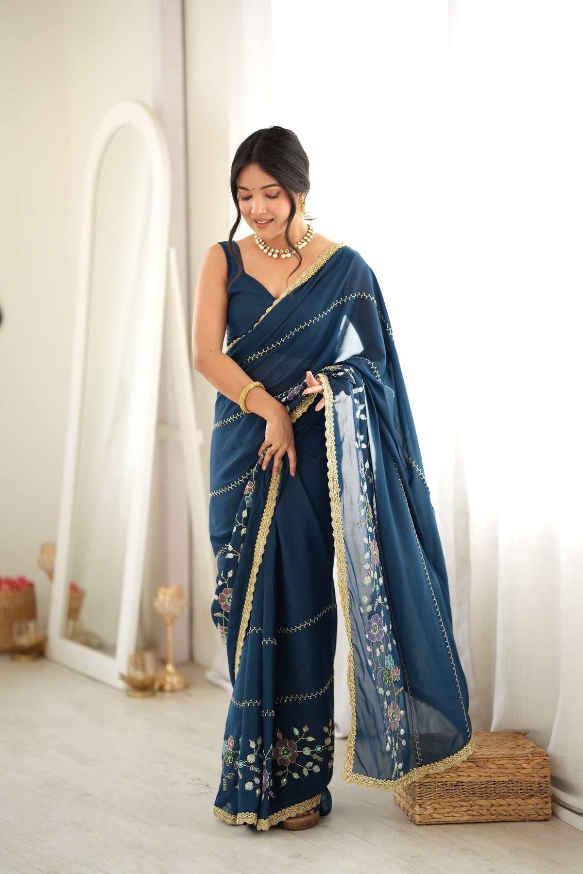 Rama Chiffon Designer Saree with Beads Work & Unstitched Blouse