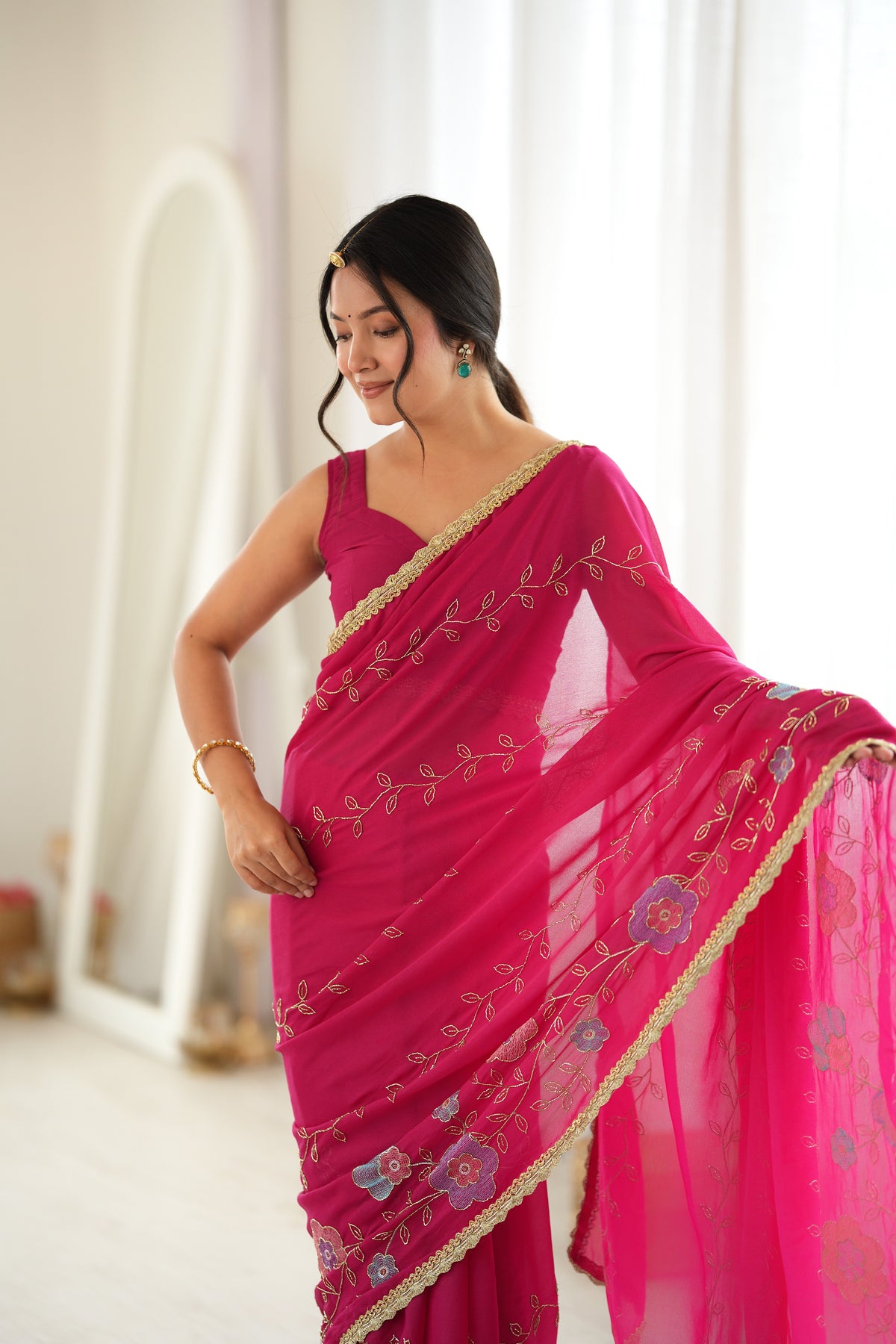 Pink Chiffon Designer Saree with Beads Work & Unstitched Blouse