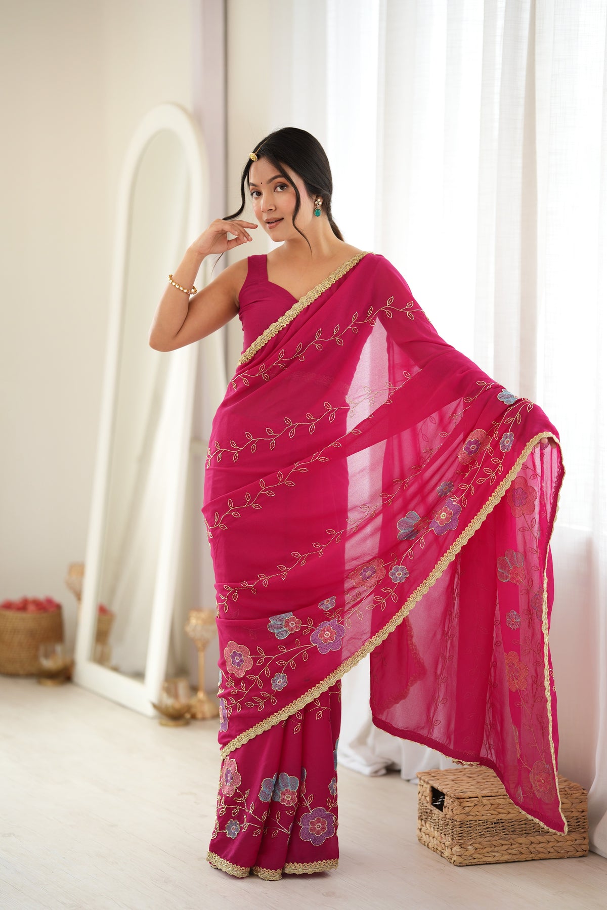 Pink Chiffon Designer Saree with Beads Work & Unstitched Blouse