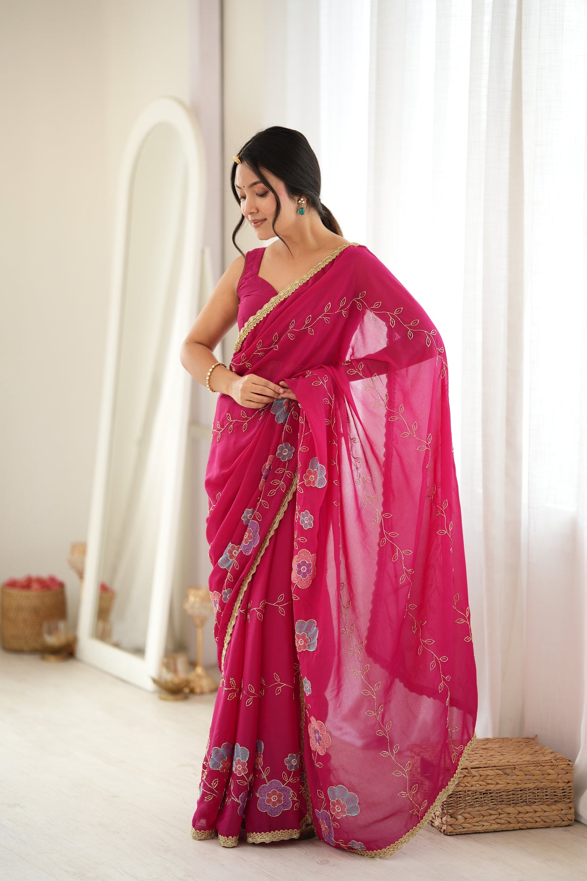Pink Chiffon Designer Saree with Beads Work & Unstitched Blouse